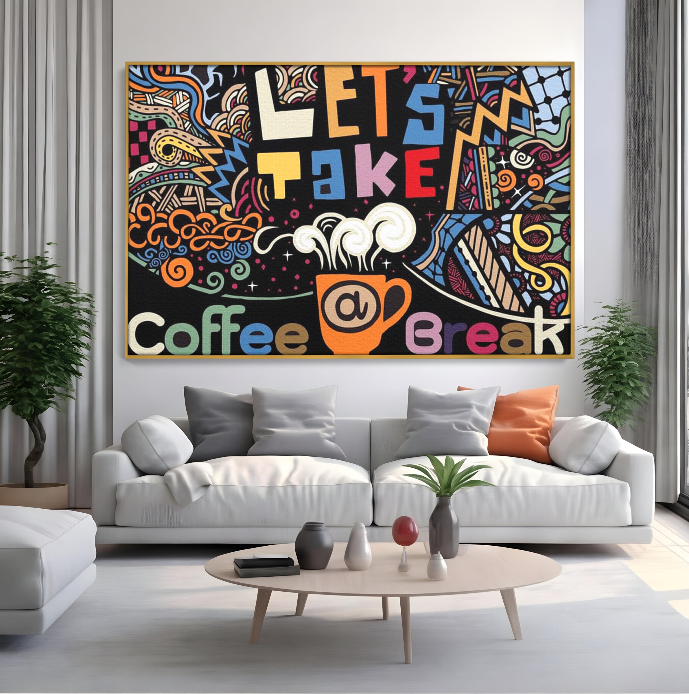 Tablou canvas cu tablou canvas cu ilustratie cafea si doodle, in rama de aluminiu auriu, pe perete intr-un living