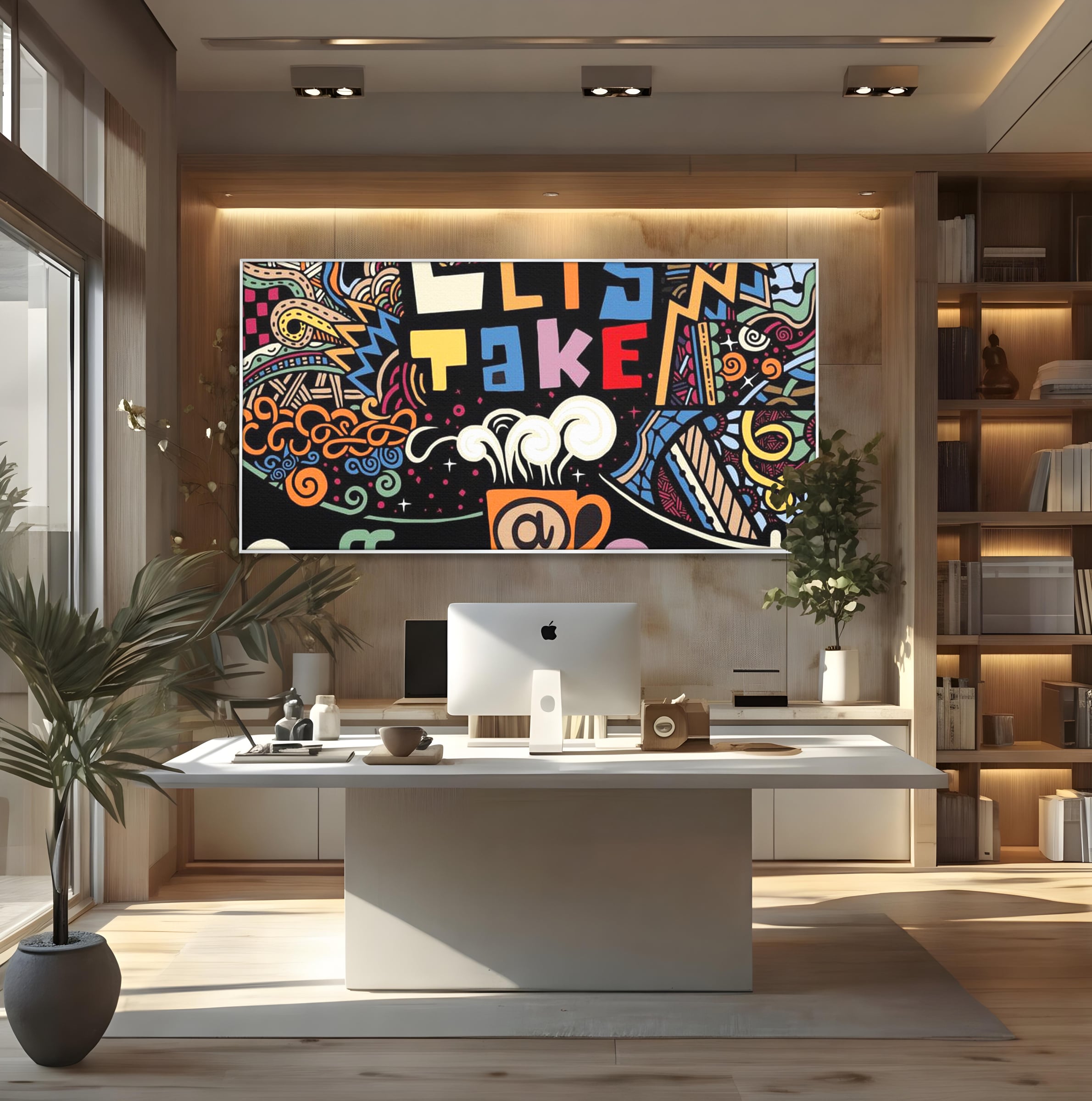 Tablou canvas cu tablou canvas cu ilustratie cafea si doodle, in rama de aluminiu argintiu, pe perete intr-un birou