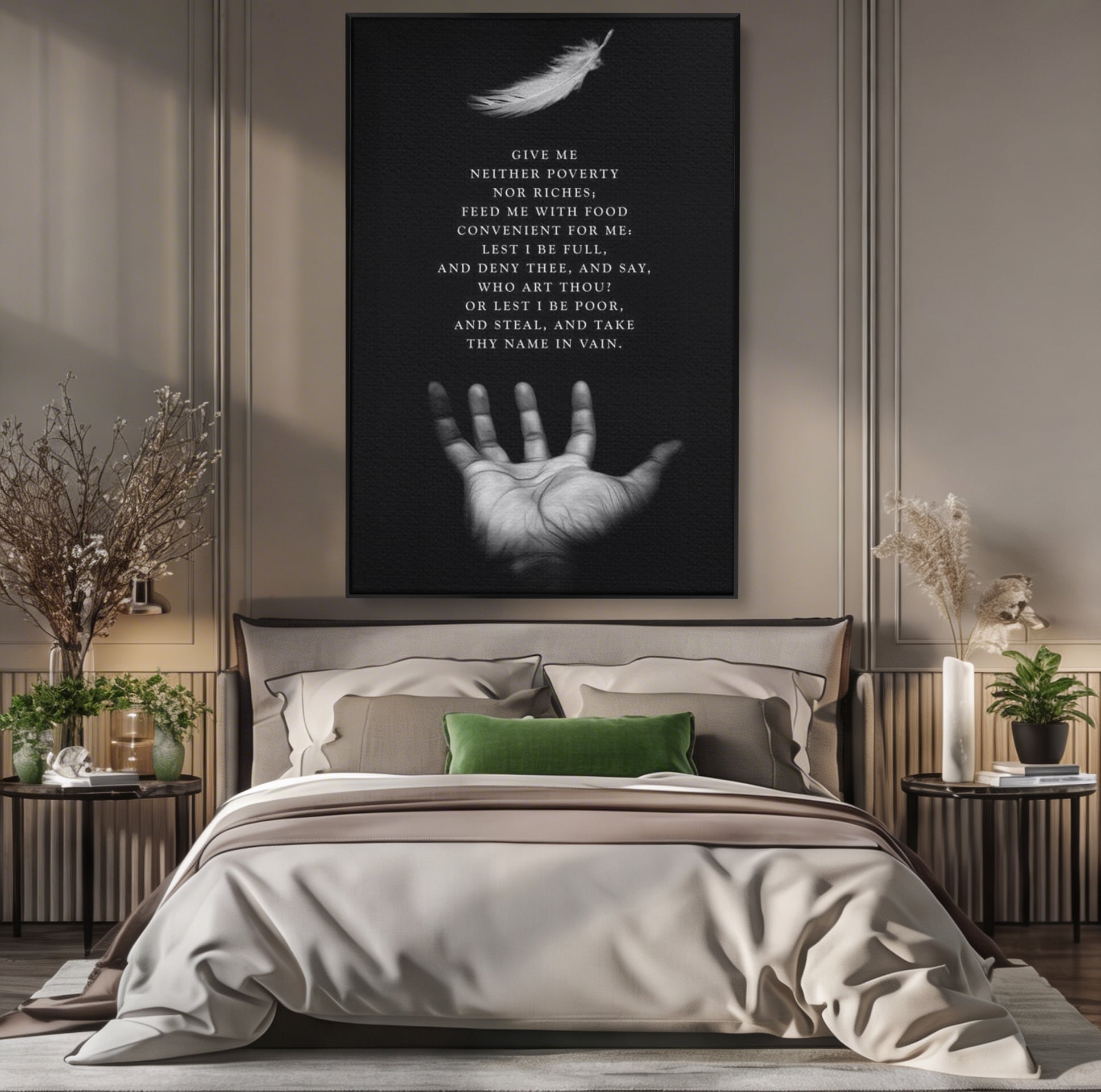 Tablou canvas cu tablou canvas cu pana si palma, in rama de aluminiu negru, pe perete intr-un dormitor