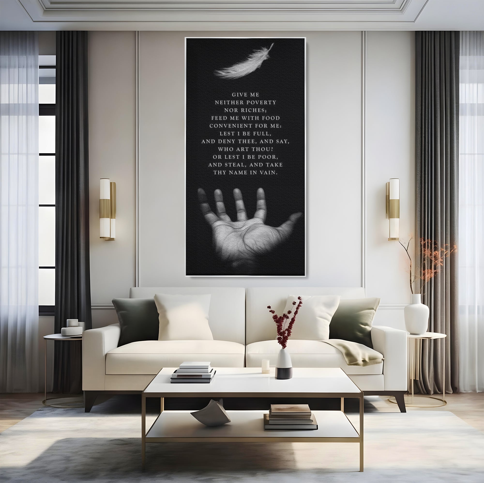 Tablou canvas cu tablou canvas cu pana si palma, in rama de aluminiu argintiu, pe perete intr-un living