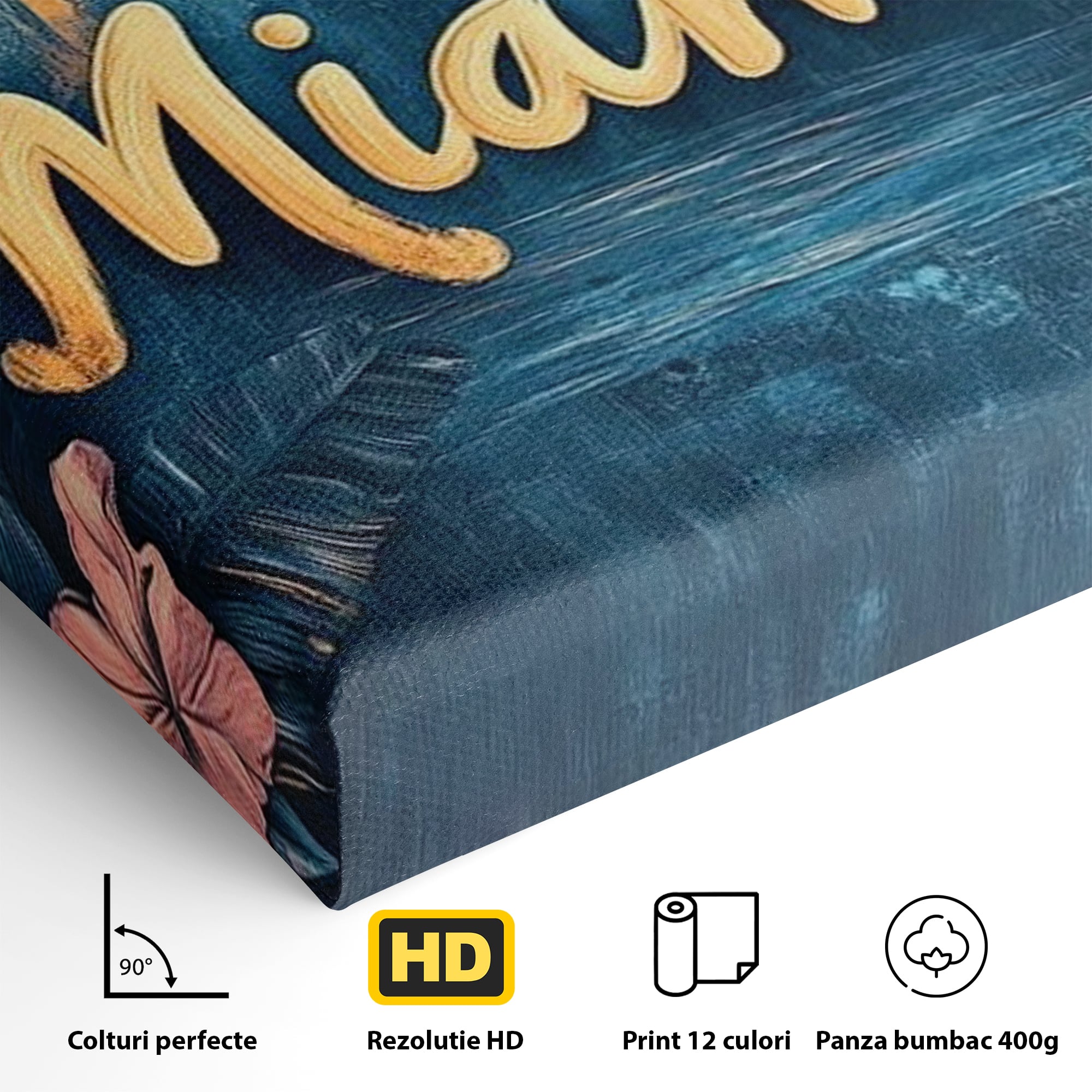 Detaliu al suprafetei: tablou canvas cu peisaj urban miami, fara rama, pe sasiu de lemn