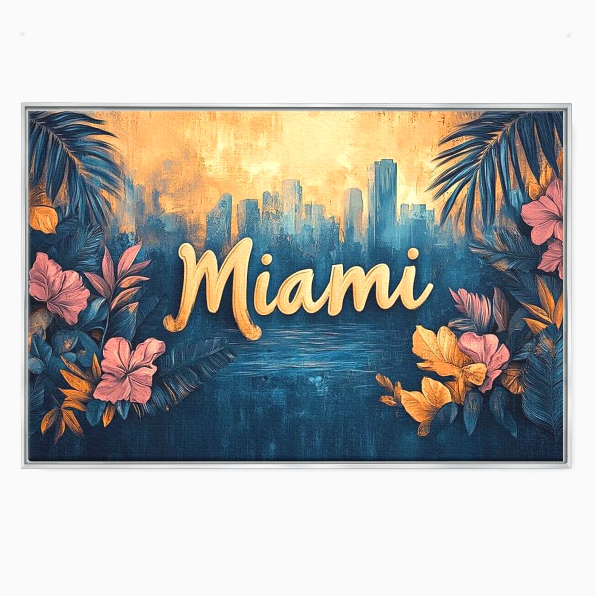 Tablou canvas cu tablou canvas cu peisaj urban miami, in rama de aluminiu argintiu