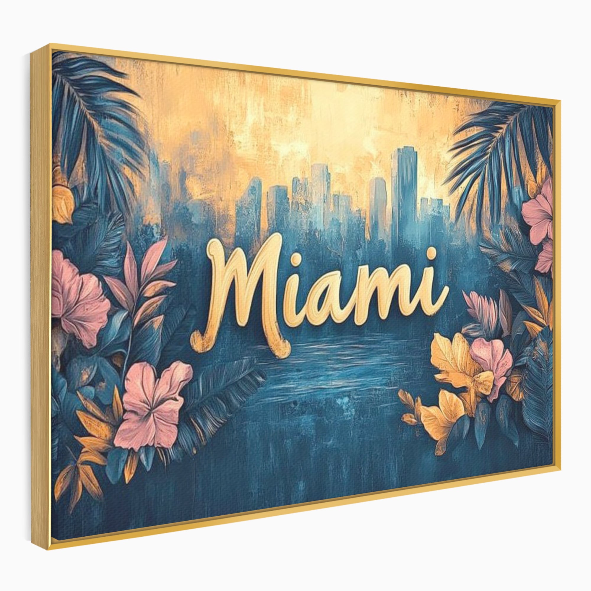 Tablou canvas cu tablou canvas cu peisaj urban miami, in rama de aluminiu auriu