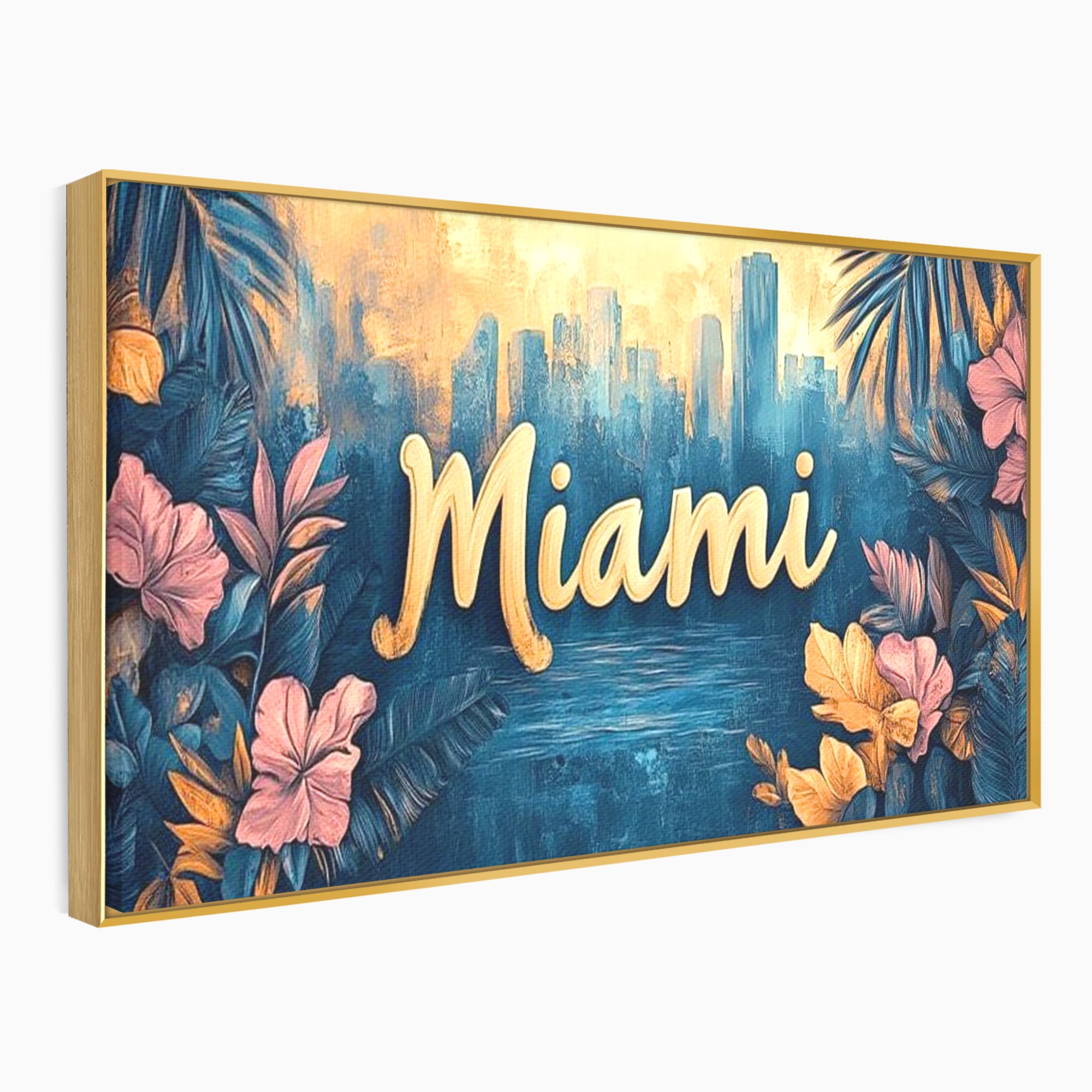 Tablou canvas cu tablou canvas cu peisaj urban miami, in rama de aluminiu auriu