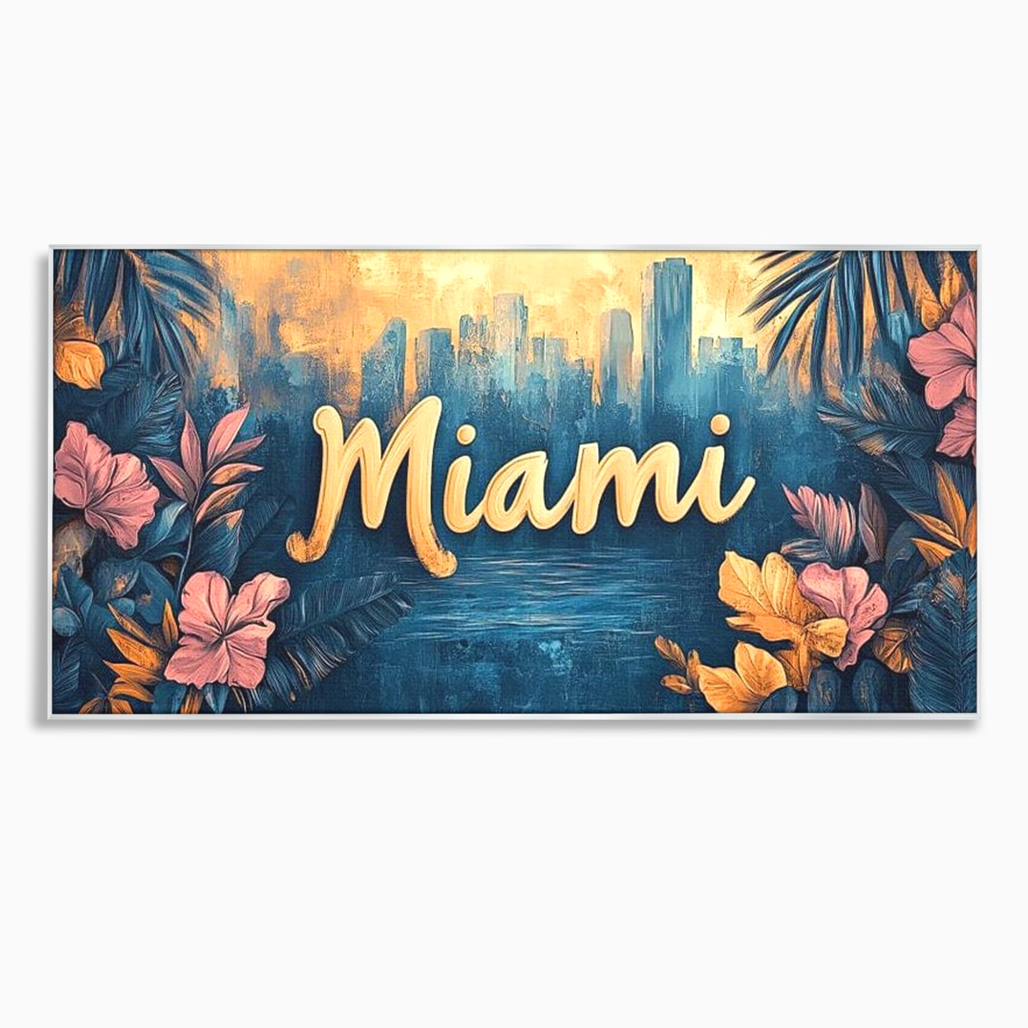 Tablou canvas cu tablou canvas cu peisaj urban miami, in rama de aluminiu argintiu