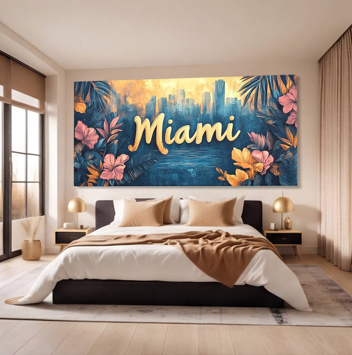Tablou canvas cu tablou canvas cu peisaj urban miami, fara rama, pe sasiu de lemn, pe perete intr-un dormitor