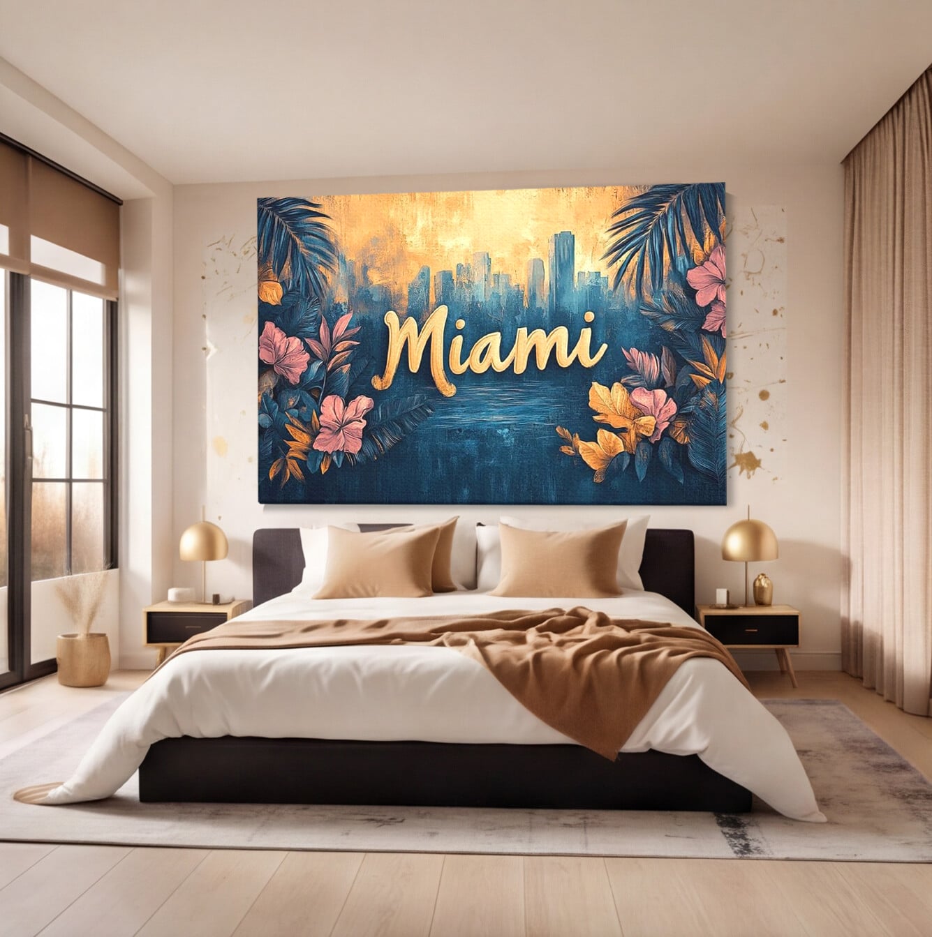 Tablou canvas cu tablou canvas cu peisaj urban miami, fara rama, pe sasiu de lemn, pe perete intr-un dormitor