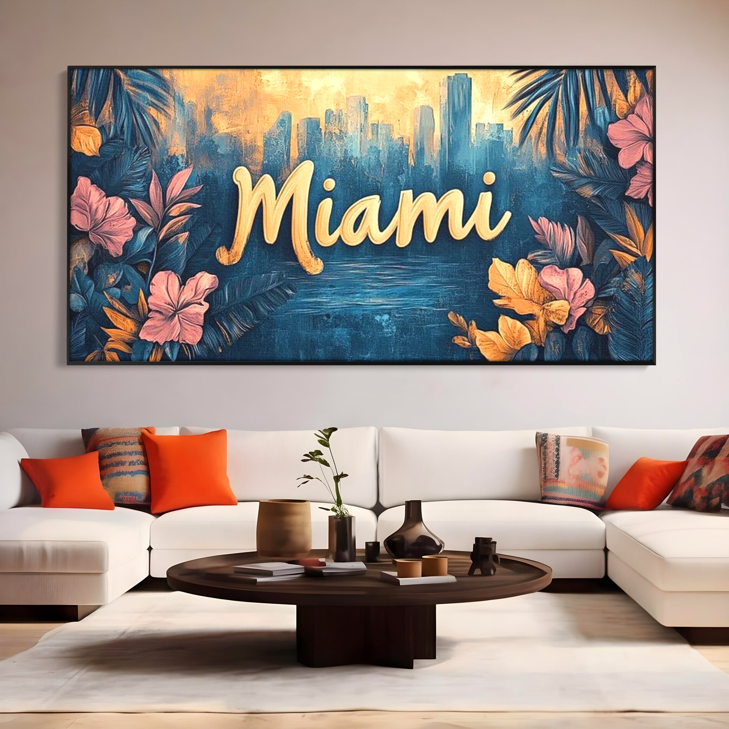 Tablou canvas cu tablou canvas cu peisaj urban miami, in rama de aluminiu negru, pe perete intr-un living