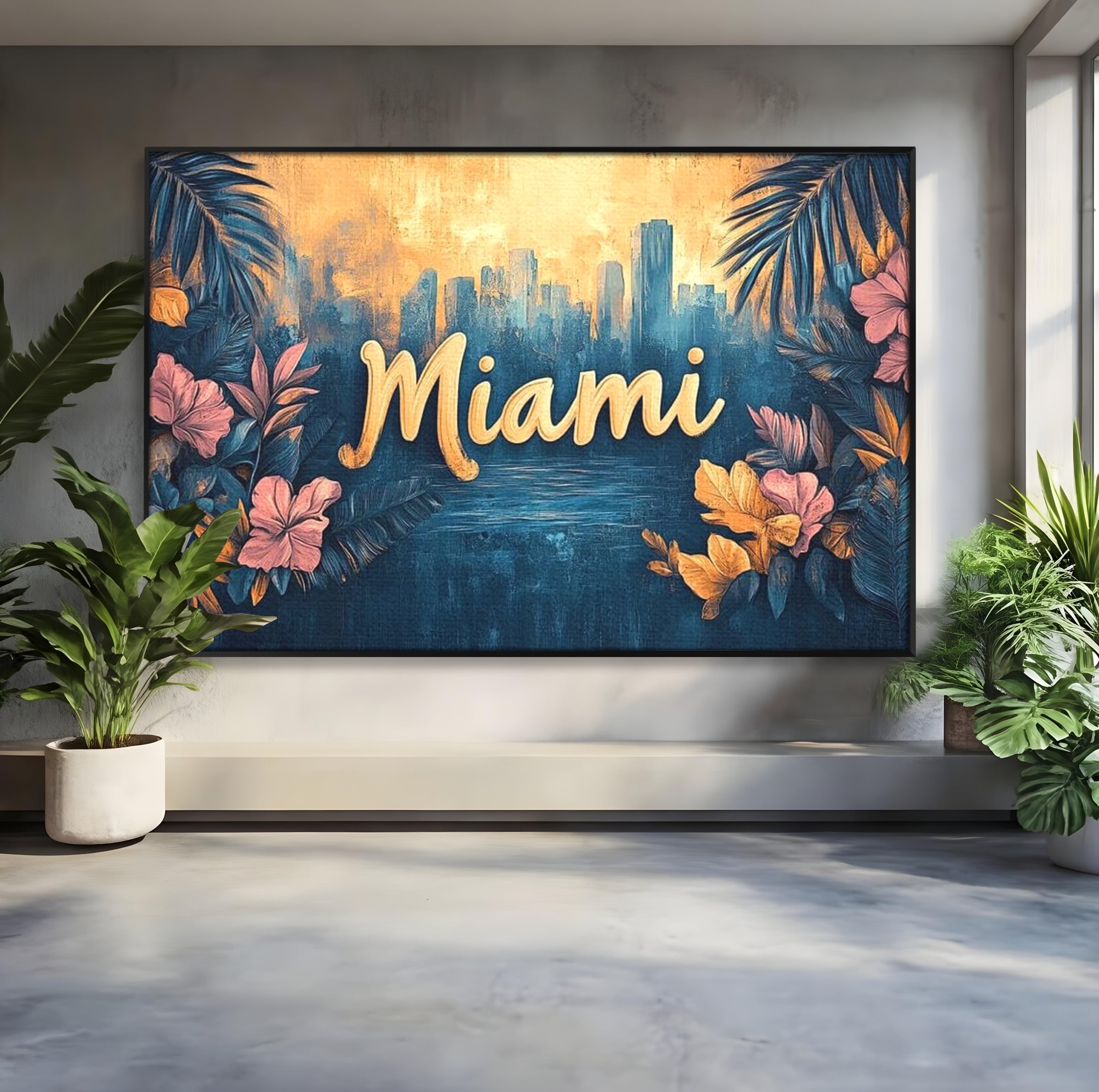 Tablou canvas cu tablou canvas cu peisaj urban miami, in rama de aluminiu negru