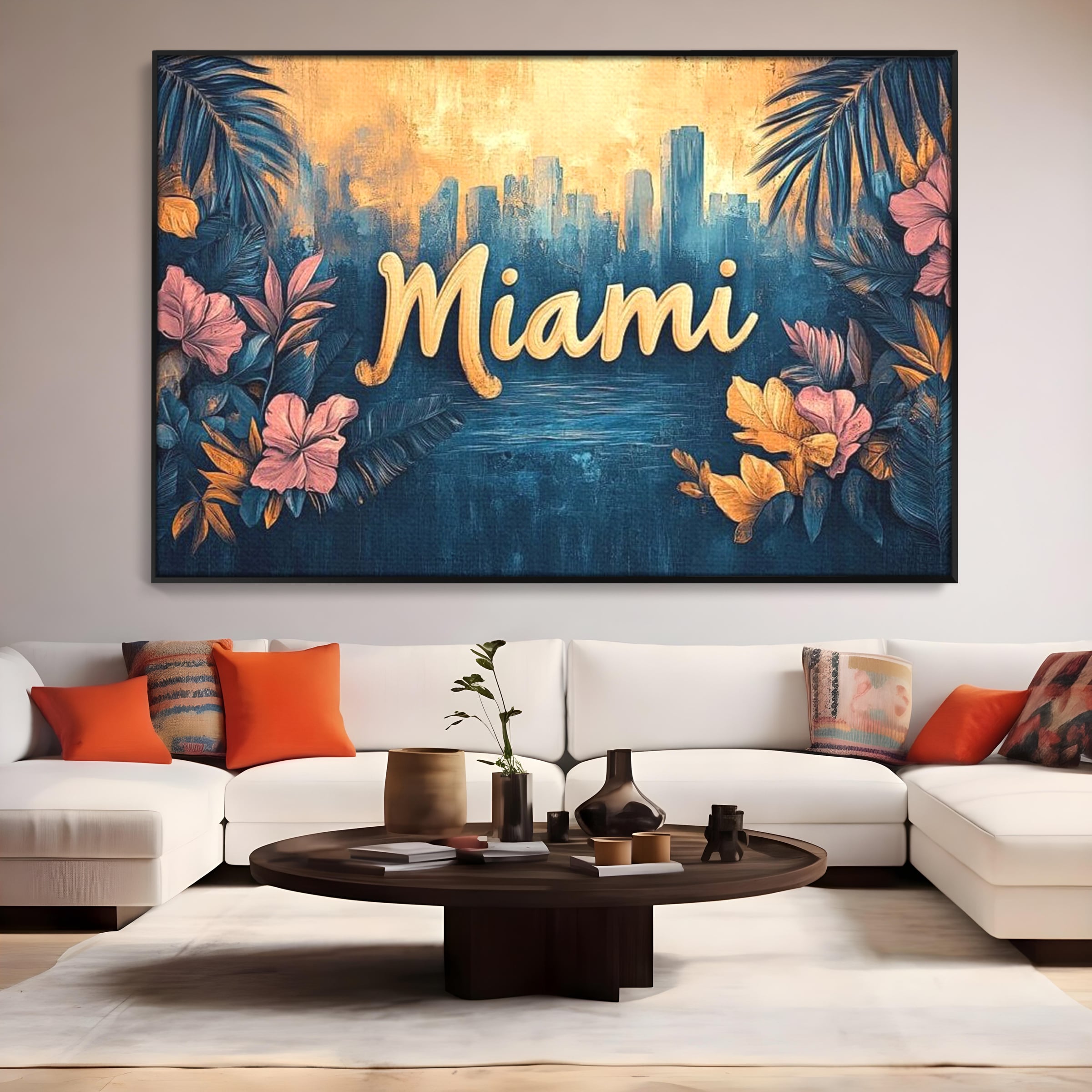 Tablou canvas cu tablou canvas cu peisaj urban miami, in rama de aluminiu negru, pe perete intr-un living
