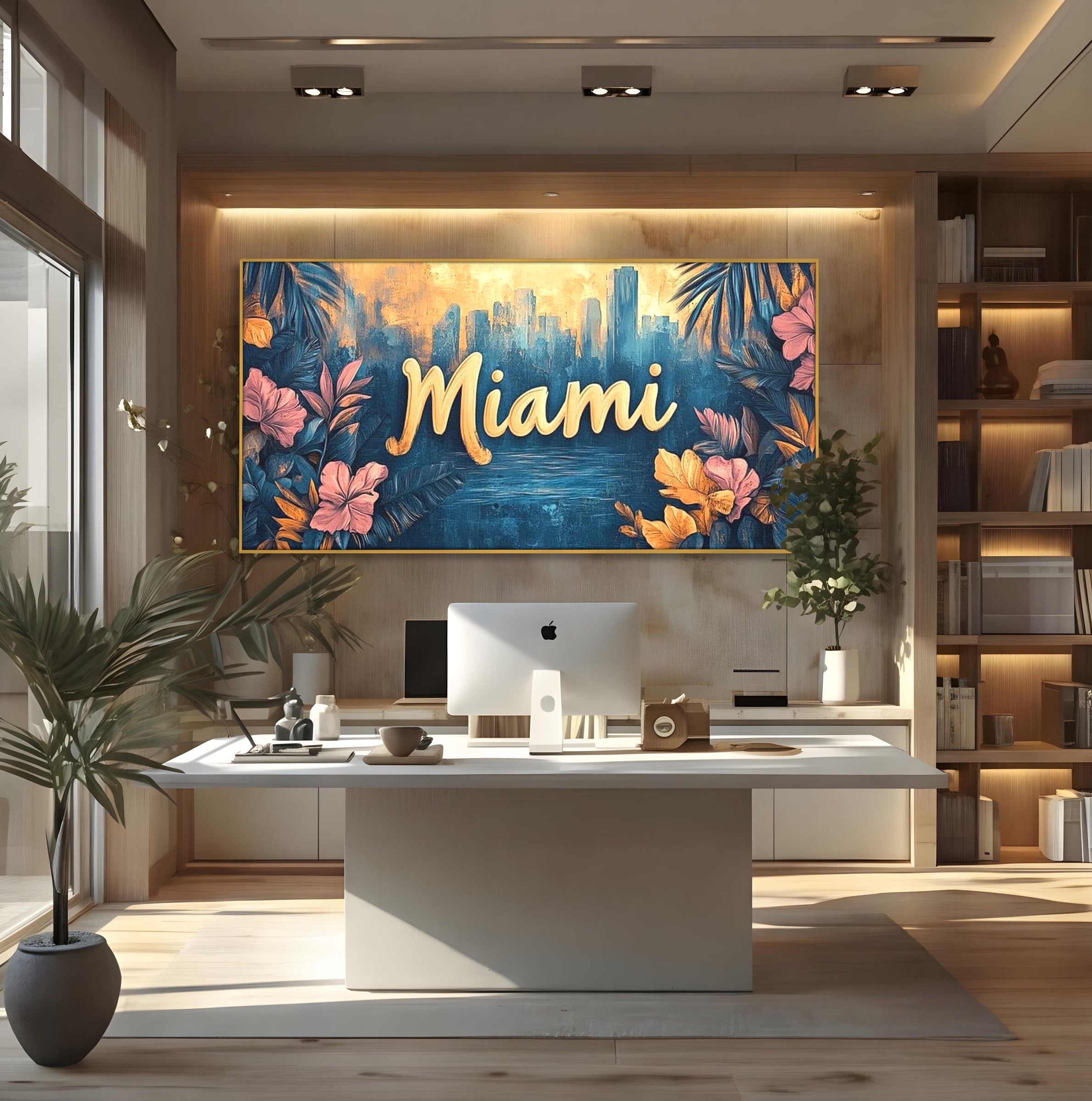 Tablou canvas cu tablou canvas cu peisaj urban miami, in rama de aluminiu auriu, pe perete intr-un birou