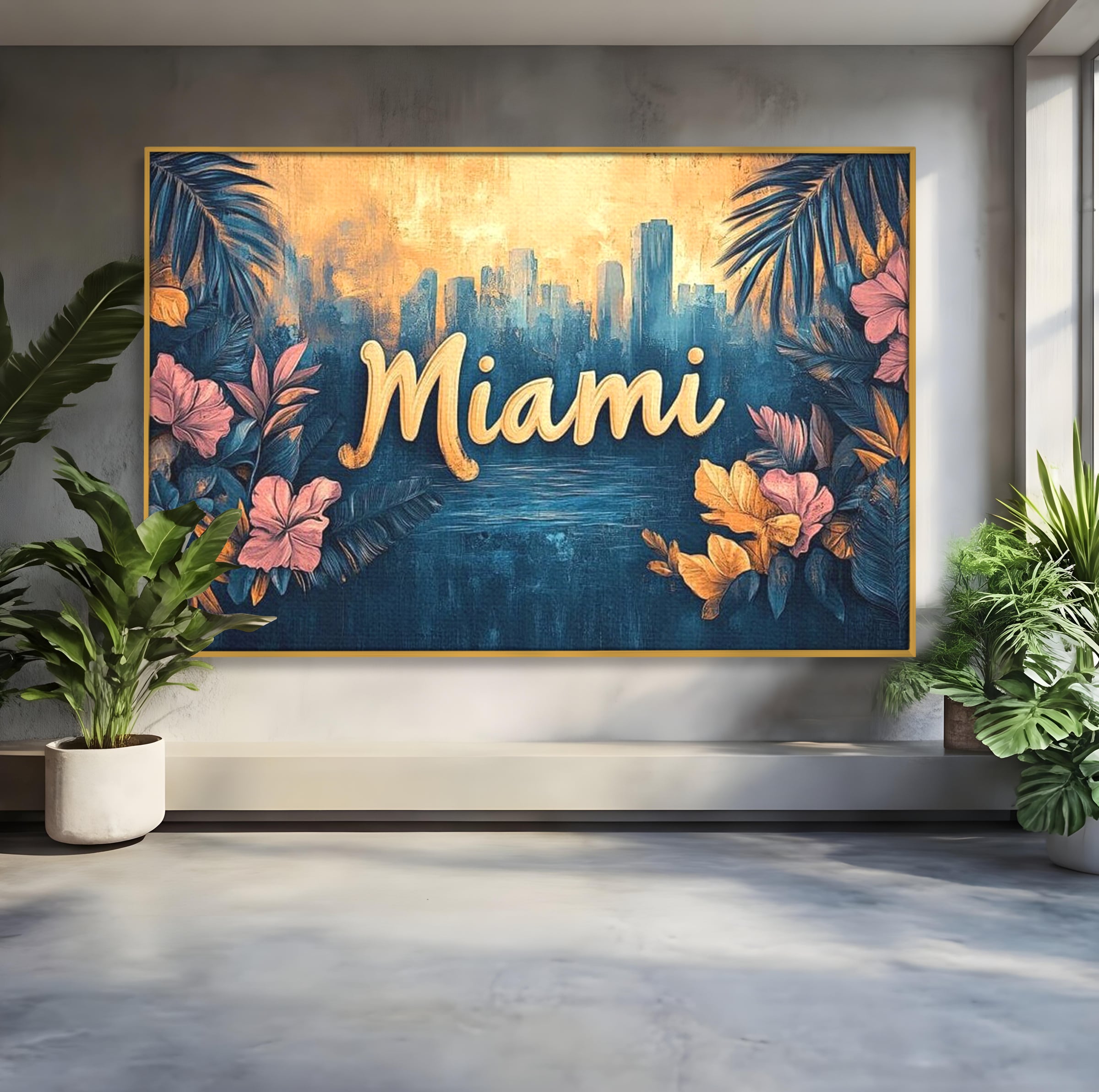 Tablou canvas cu tablou canvas cu peisaj urban miami, in rama de aluminiu auriu