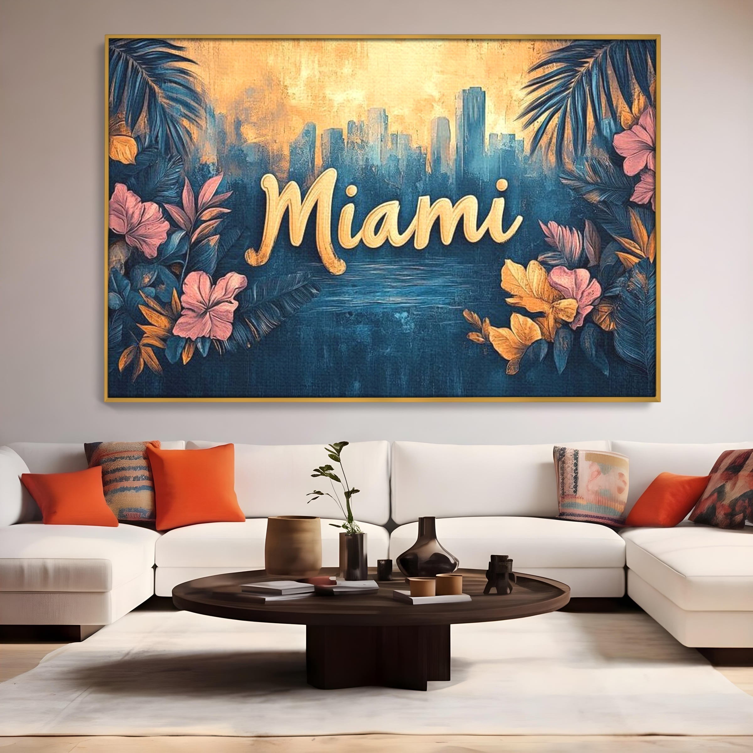 Tablou canvas cu tablou canvas cu peisaj urban miami, in rama de aluminiu auriu, pe perete intr-un living