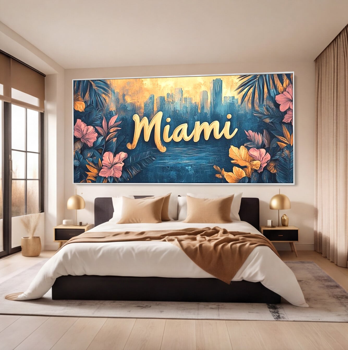 Tablou canvas cu tablou canvas cu peisaj urban miami, in rama de aluminiu argintiu, pe perete intr-un dormitor