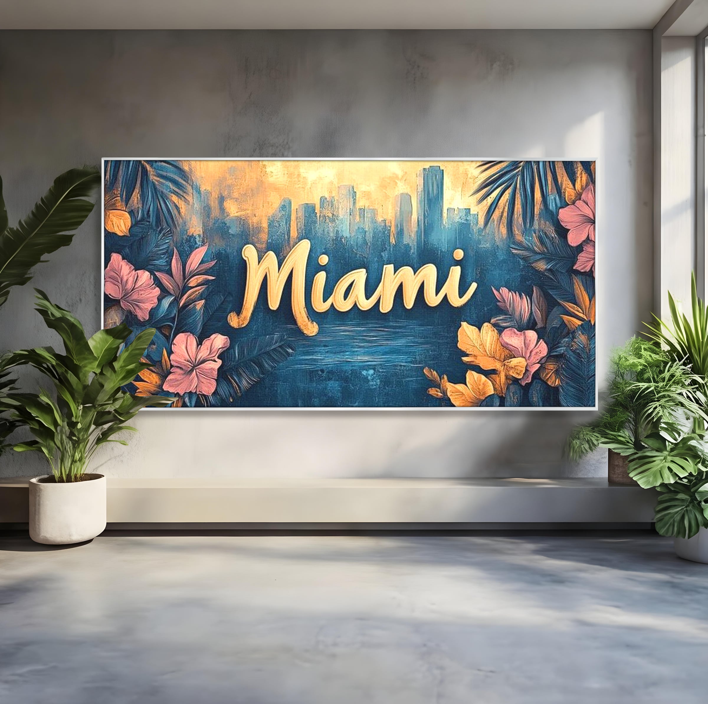 Tablou canvas cu tablou canvas cu peisaj urban miami, in rama de aluminiu argintiu