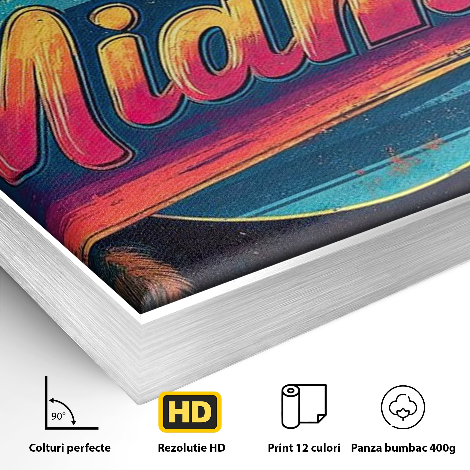 Detaliu al suprafetei: ilustratie retro miami cu soare si palmieri, in rama de aluminiu argintiu