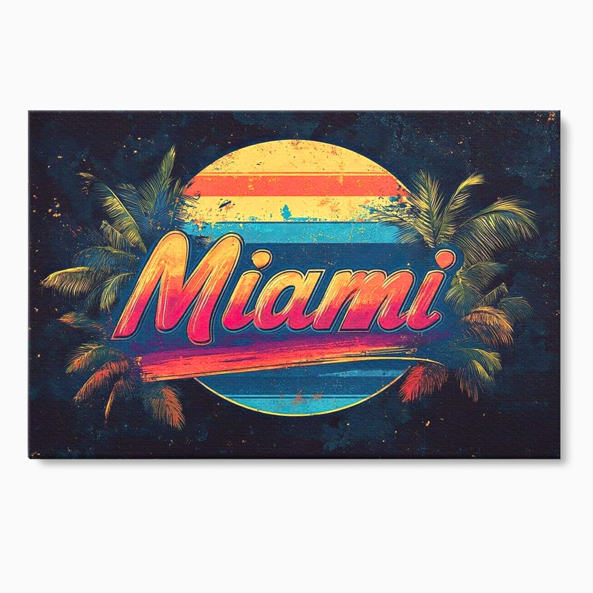 Tablou canvas cu ilustratie retro miami cu soare si palmieri, fara rama, pe sasiu de lemn