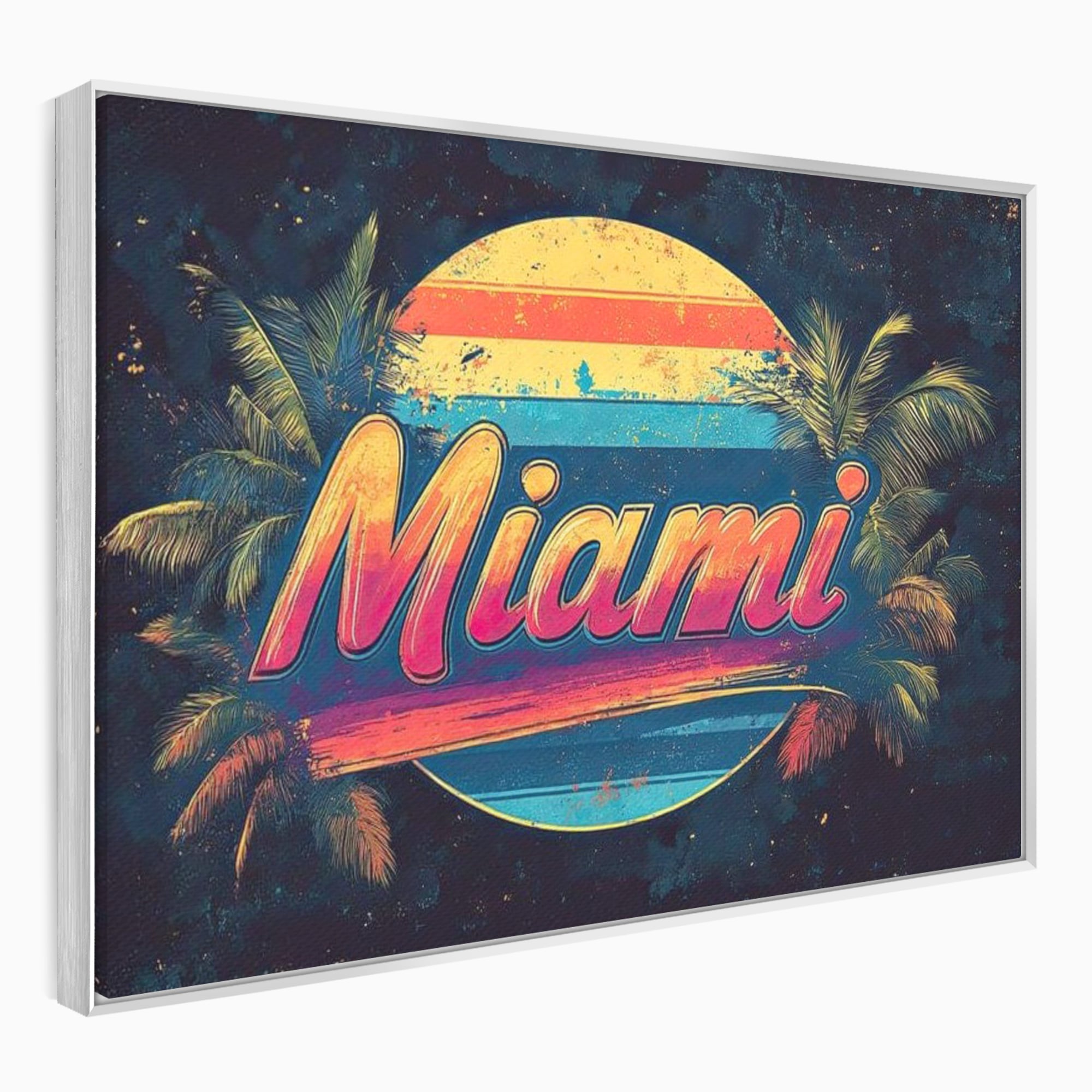 Tablou canvas cu ilustratie retro miami cu soare si palmieri, in rama de aluminiu argintiu