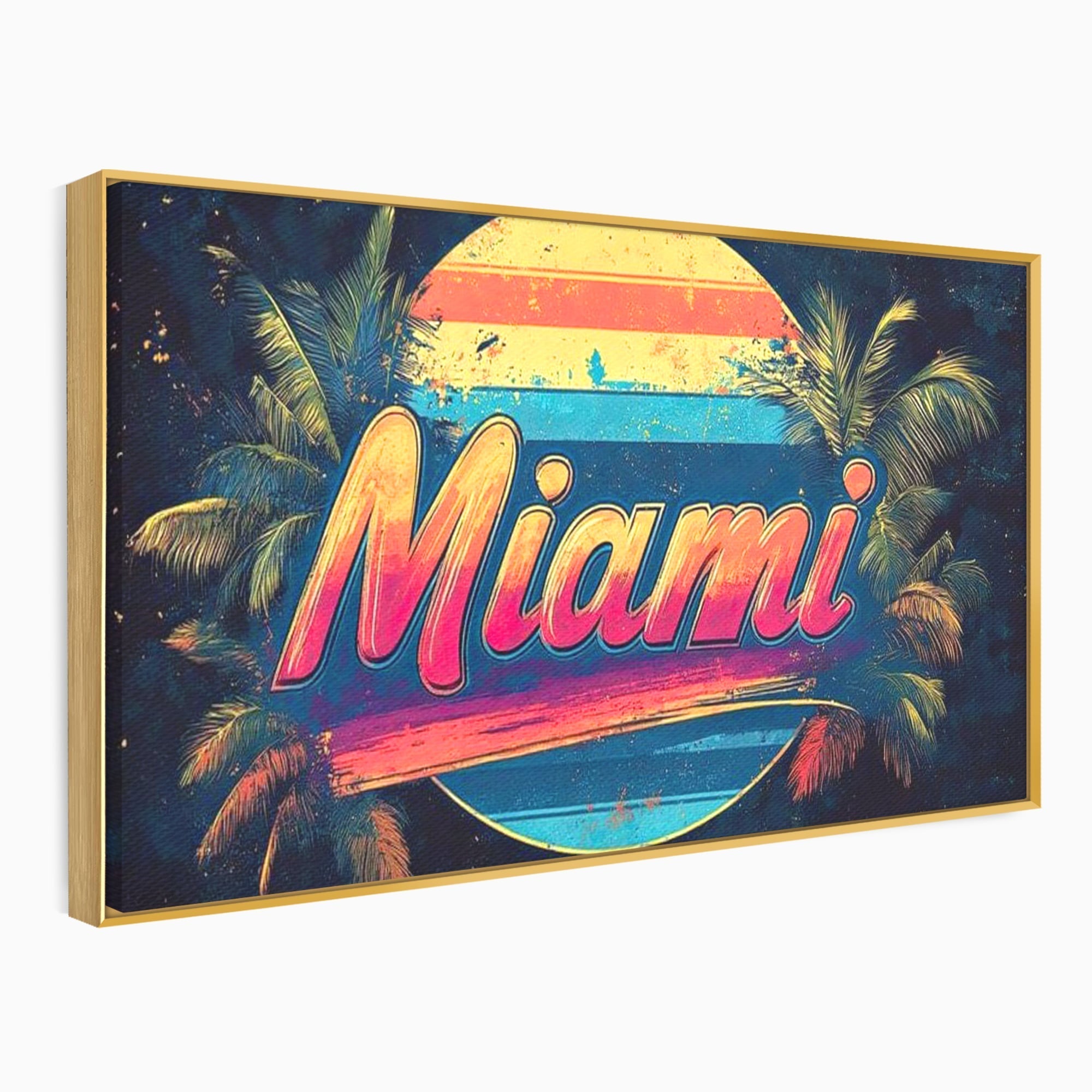 Tablou canvas cu ilustratie retro miami cu soare si palmieri, in rama de aluminiu auriu