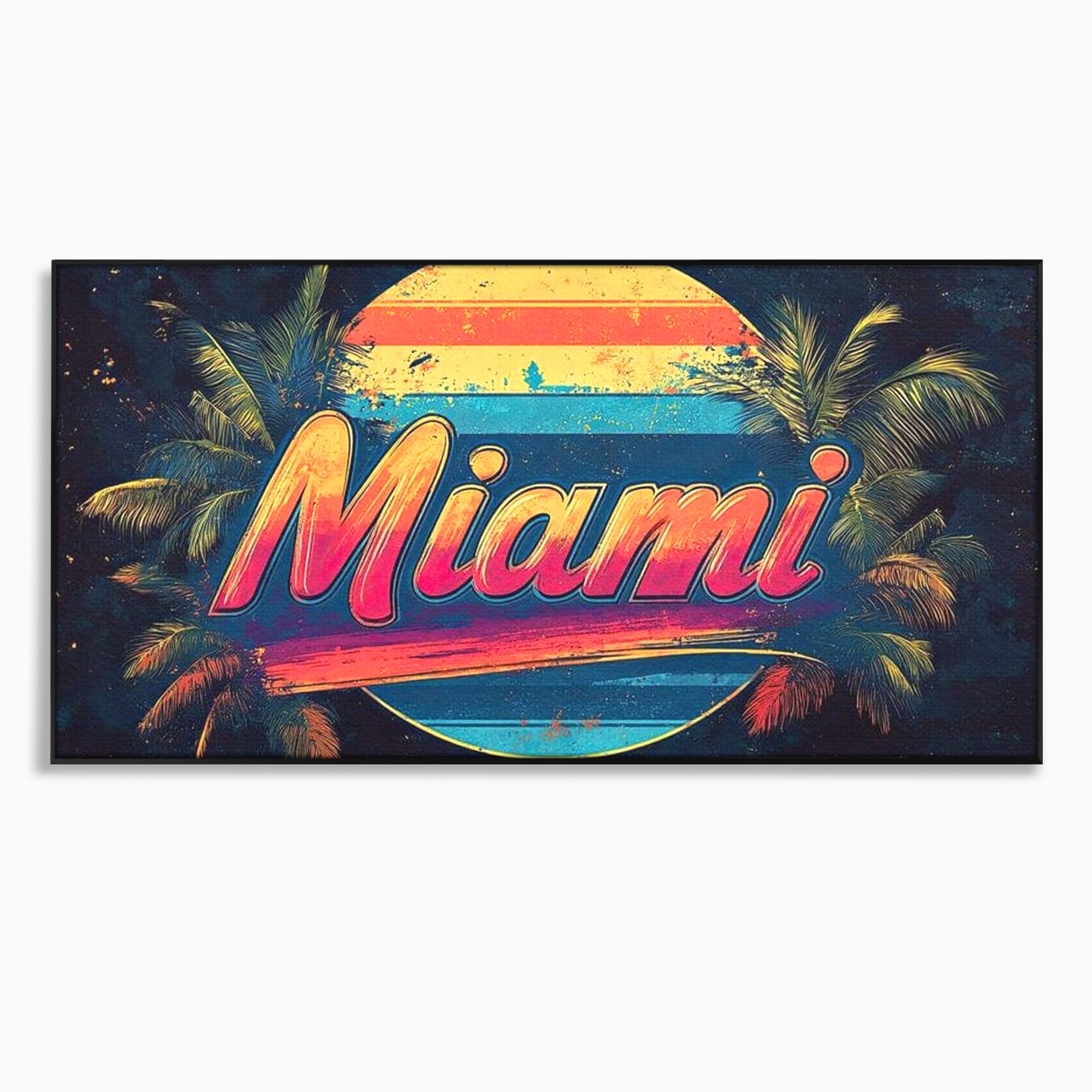 Tablou canvas cu ilustratie retro miami cu soare si palmieri, in rama de aluminiu negru