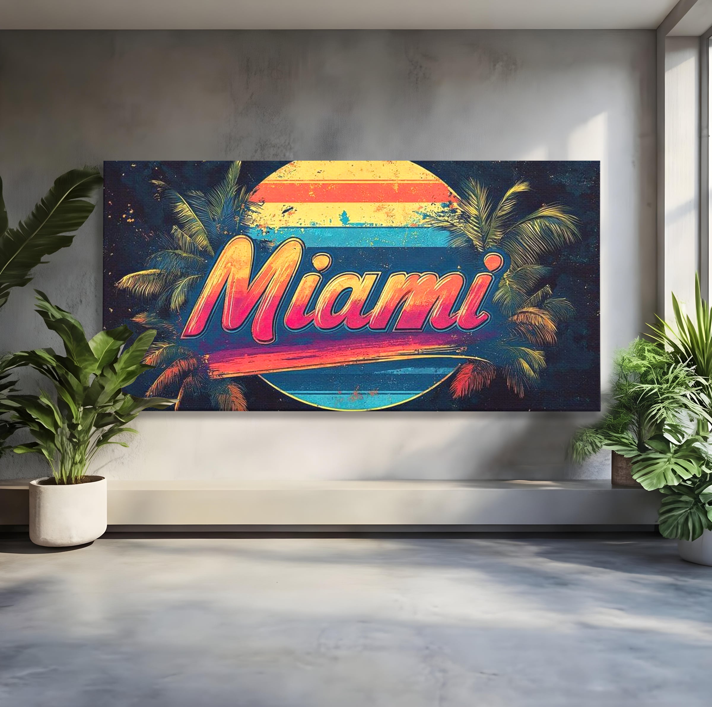 Tablou canvas cu ilustratie retro miami cu soare si palmieri, fara rama, pe sasiu de lemn