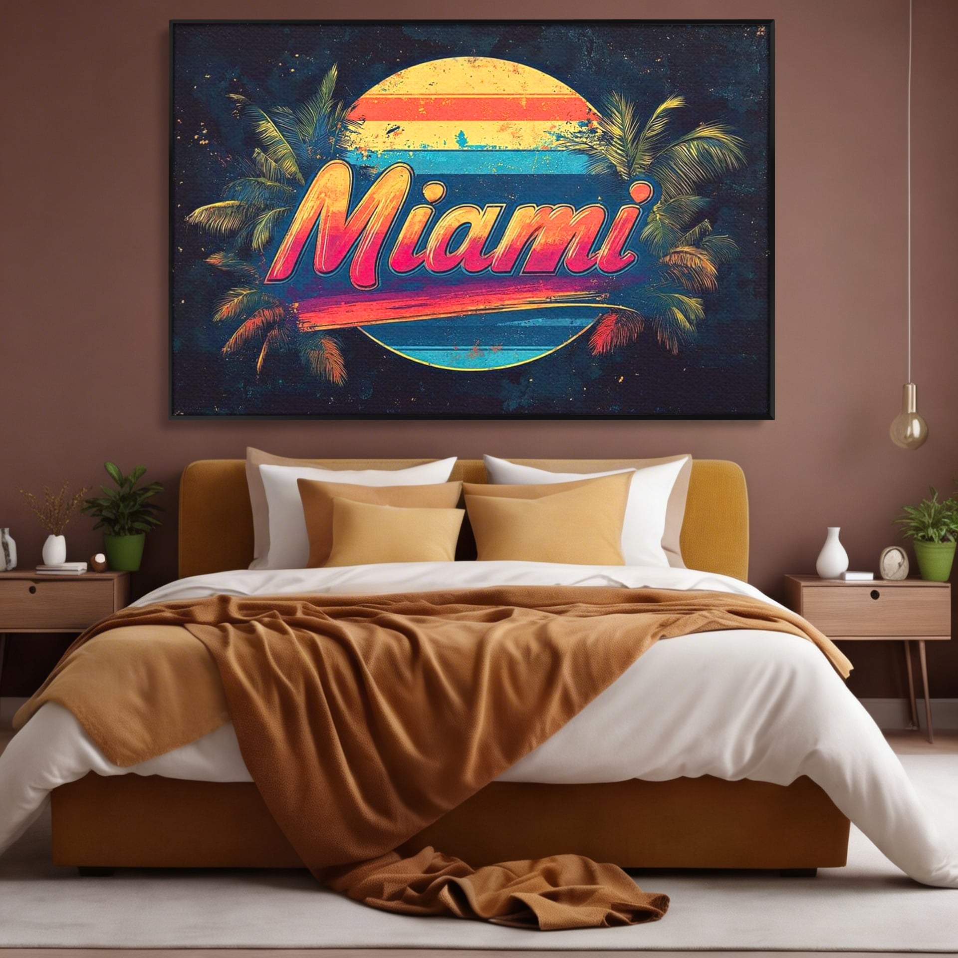 Tablou canvas cu ilustratie retro miami cu soare si palmieri, in rama de aluminiu negru, pe perete intr-un dormitor
