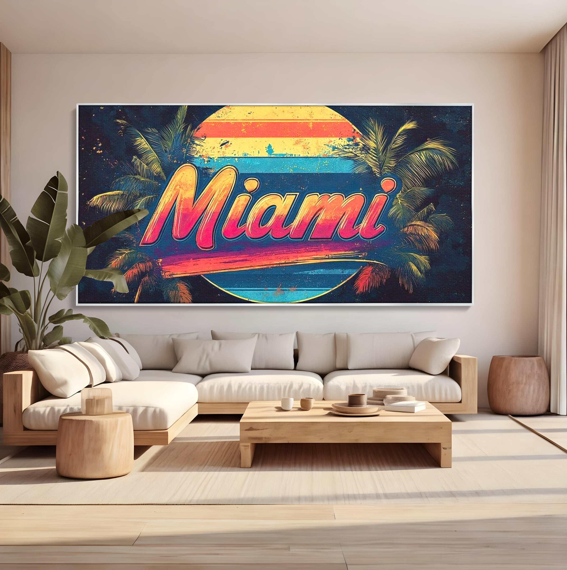 Tablou canvas cu ilustratie retro miami cu soare si palmieri, in rama de aluminiu argintiu, pe perete intr-un living