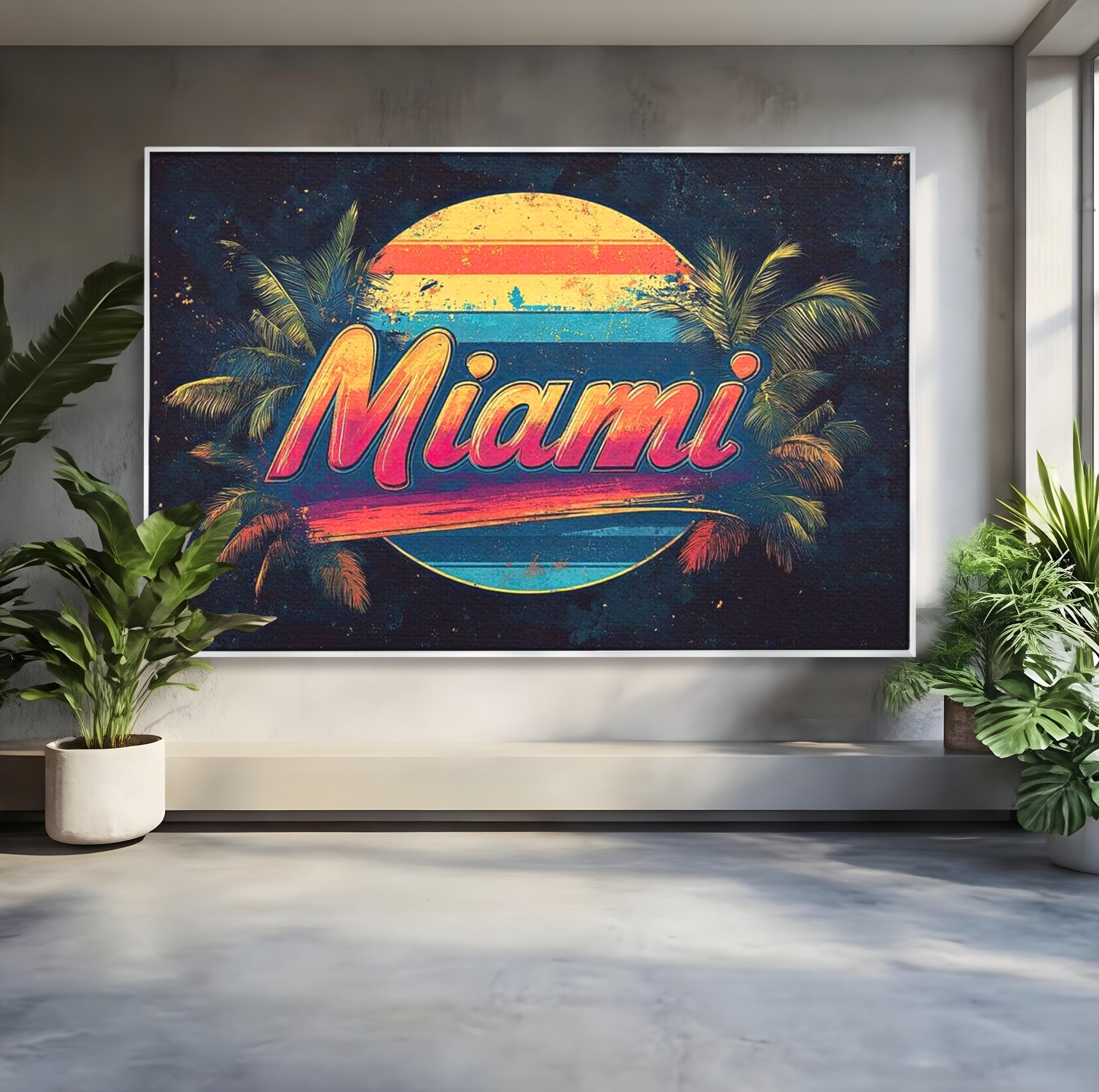 Tablou canvas cu ilustratie retro miami cu soare si palmieri, in rama de aluminiu argintiu