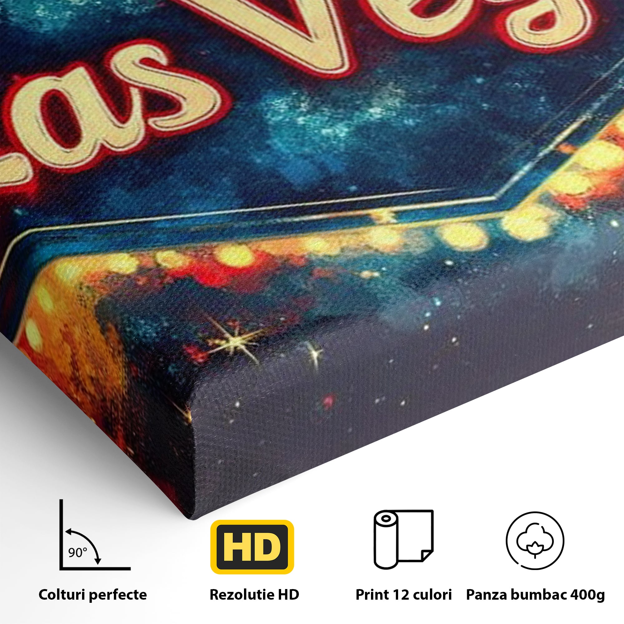Detaliu al suprafetei: tablou canvas cu semn neon las vegas, fara rama, pe sasiu de lemn