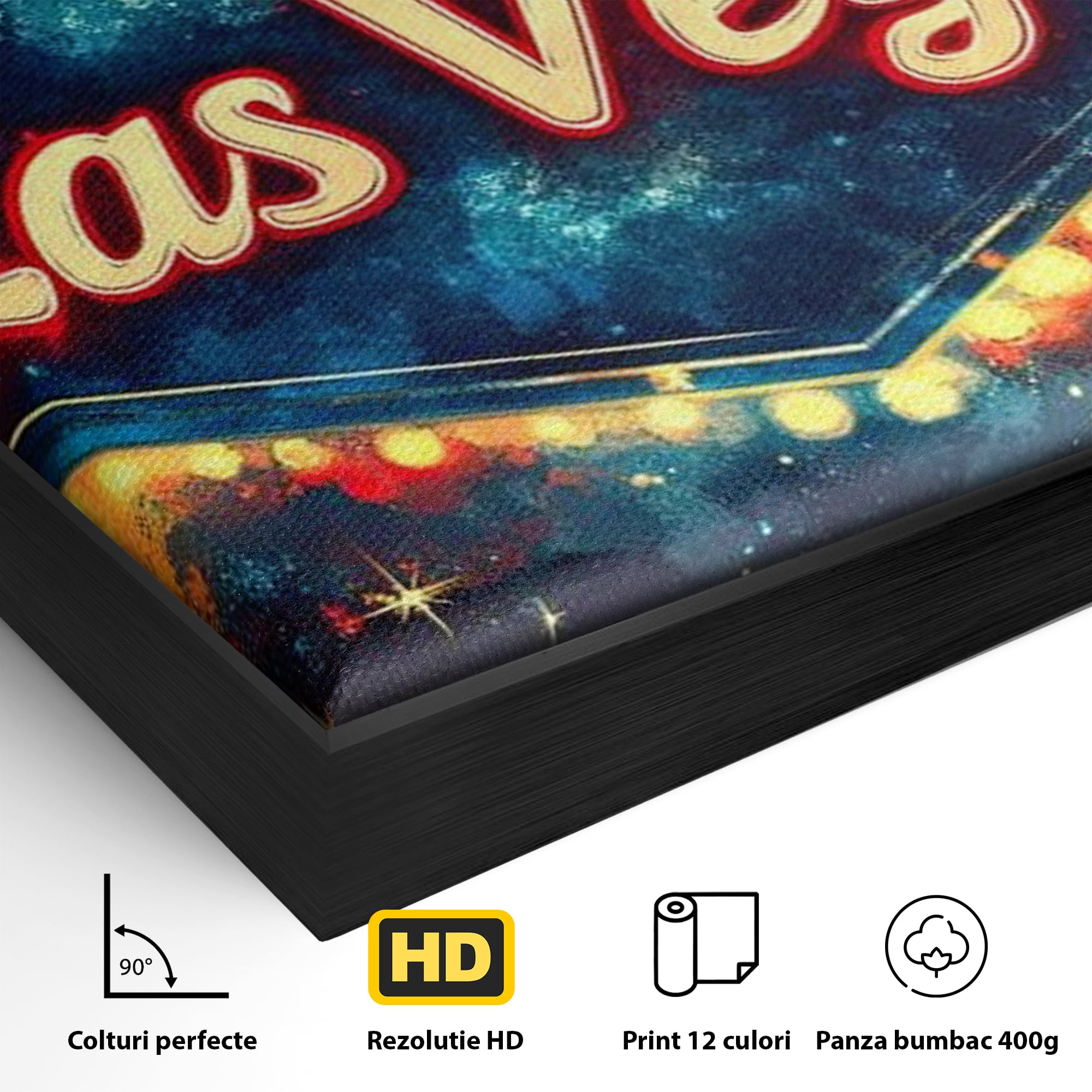 Detaliu al suprafetei: tablou canvas cu semn neon las vegas, in rama de aluminiu negru