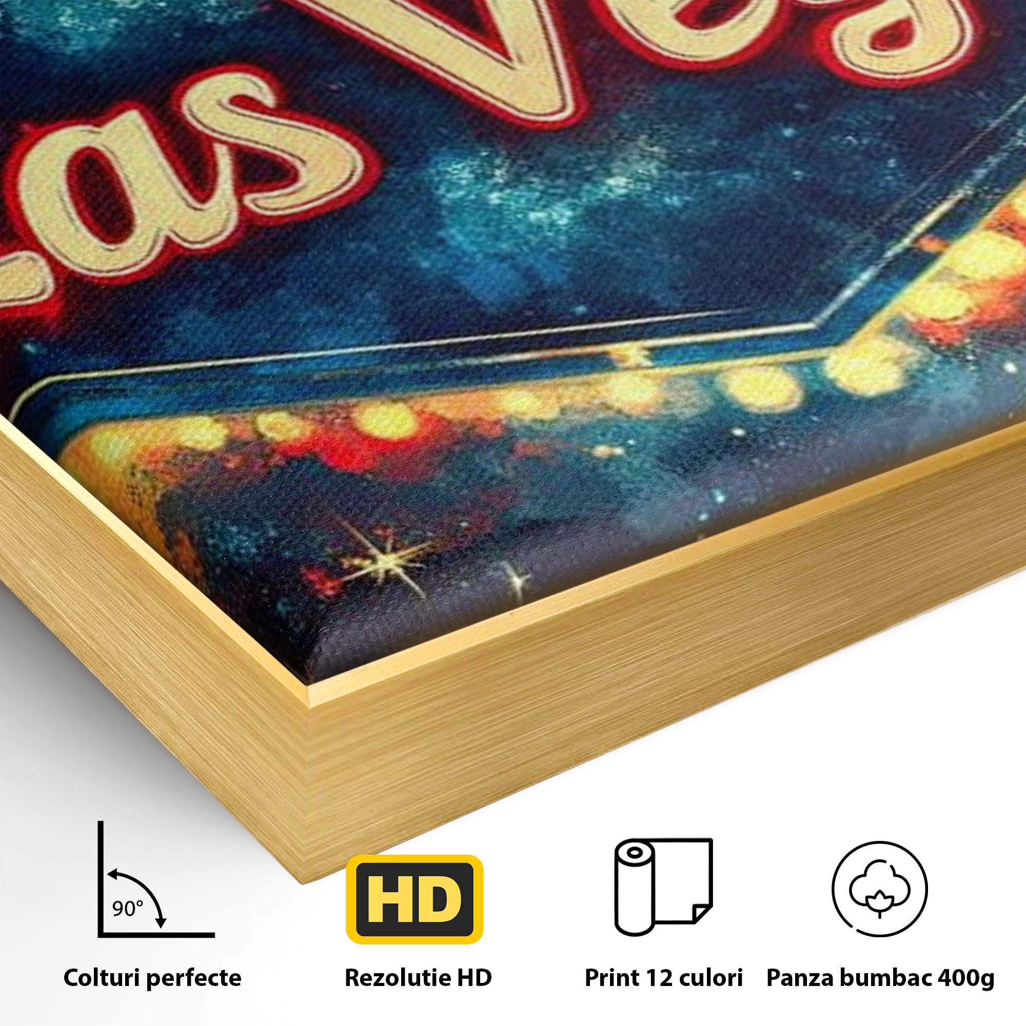 Detaliu al suprafetei: tablou canvas cu semn neon las vegas, in rama de aluminiu auriu