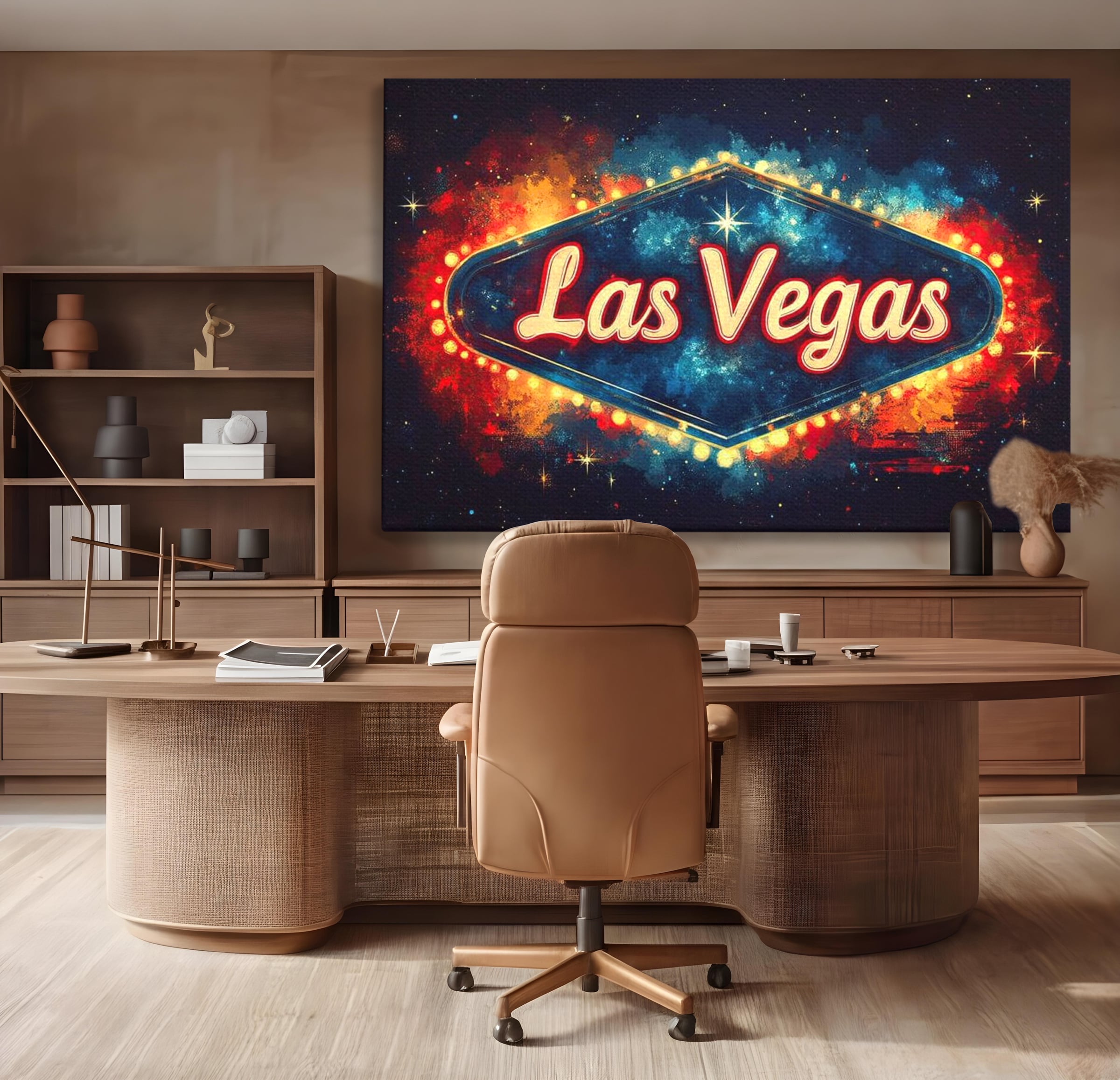 Tablou canvas cu tablou canvas cu semn neon las vegas, fara rama, pe sasiu de lemn, pe perete intr-un birou