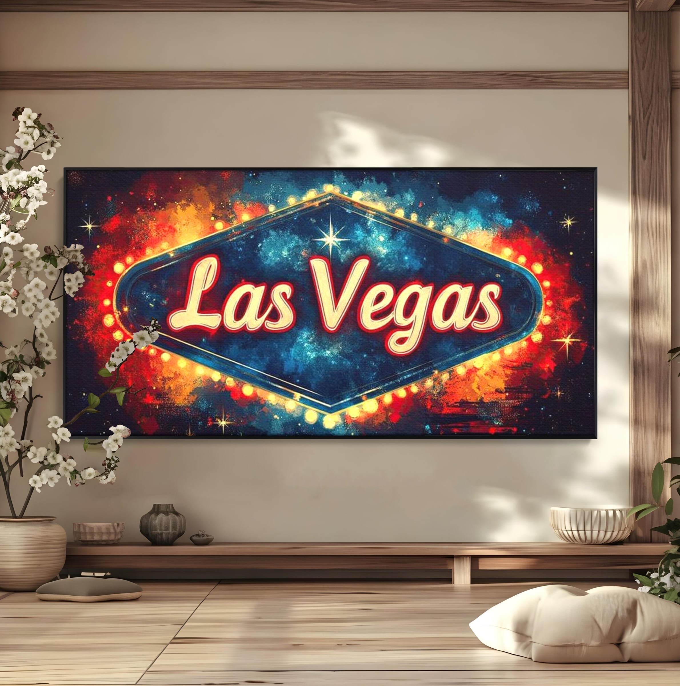Tablou canvas cu tablou canvas cu semn neon las vegas, in rama de aluminiu negru