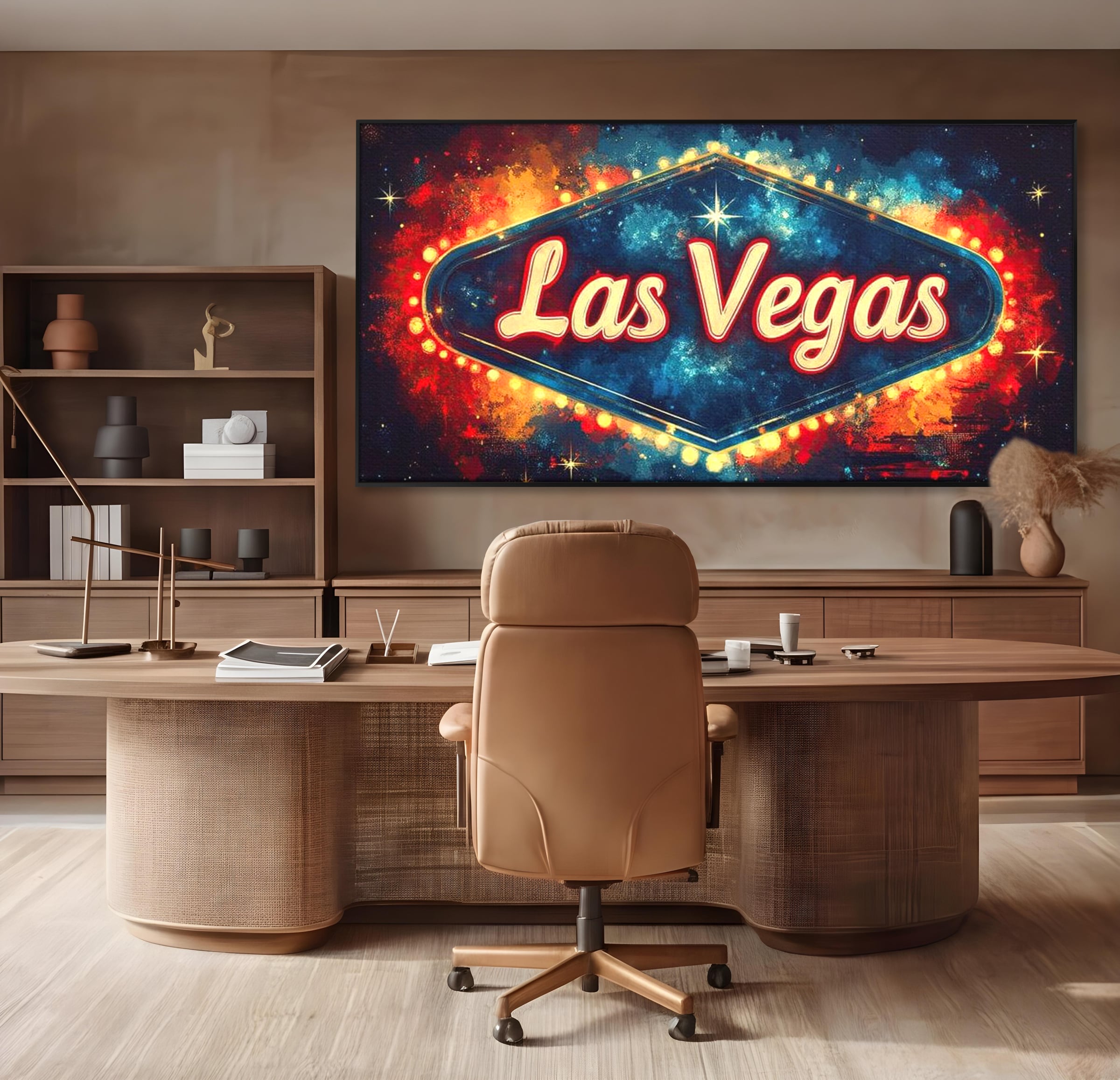 Tablou canvas cu tablou canvas cu semn neon las vegas, in rama de aluminiu negru, pe perete intr-un birou
