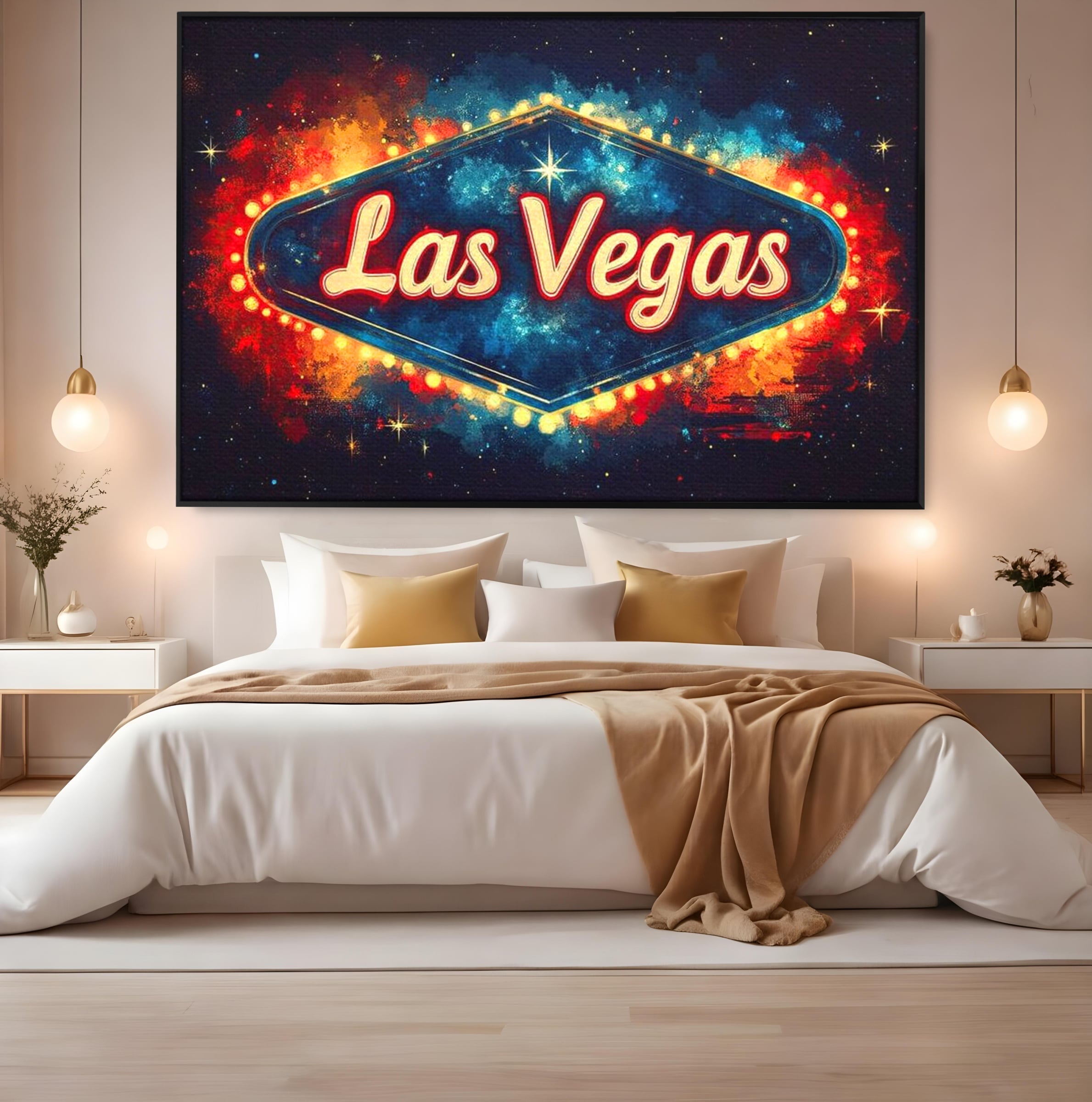 Tablou canvas cu tablou canvas cu semn neon las vegas, in rama de aluminiu negru, pe perete intr-un dormitor