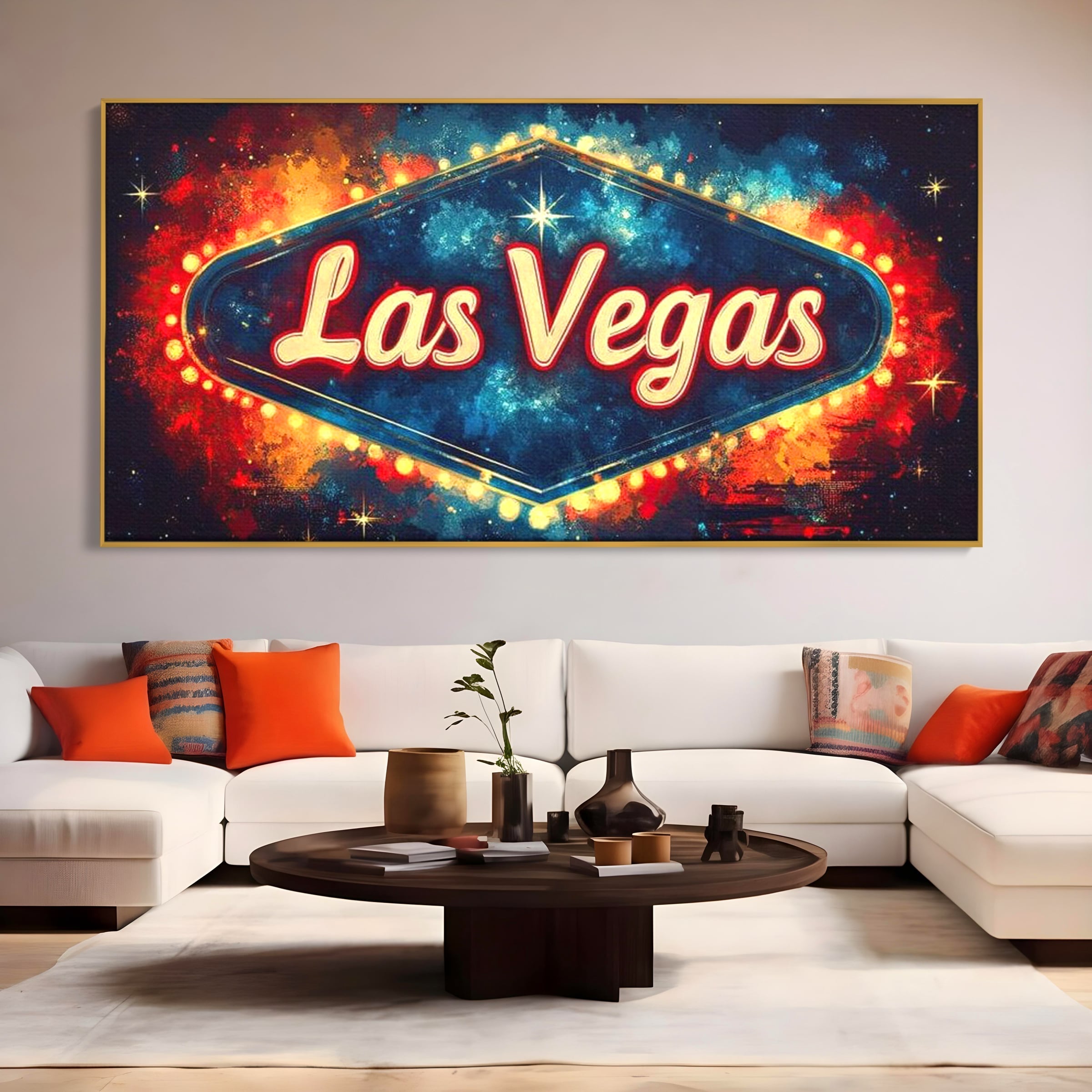 Tablou canvas cu tablou canvas cu semn neon las vegas, in rama de aluminiu auriu, pe perete intr-un living