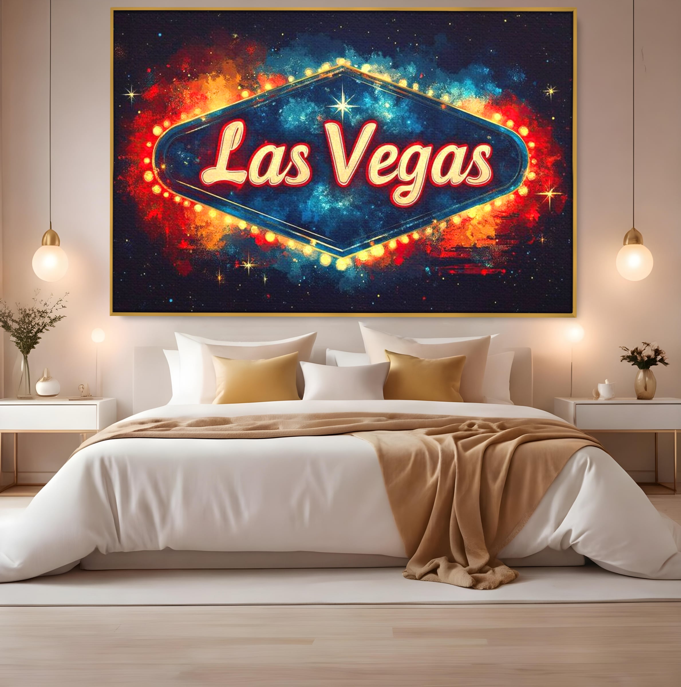 Tablou canvas cu tablou canvas cu semn neon las vegas, in rama de aluminiu auriu, pe perete intr-un dormitor