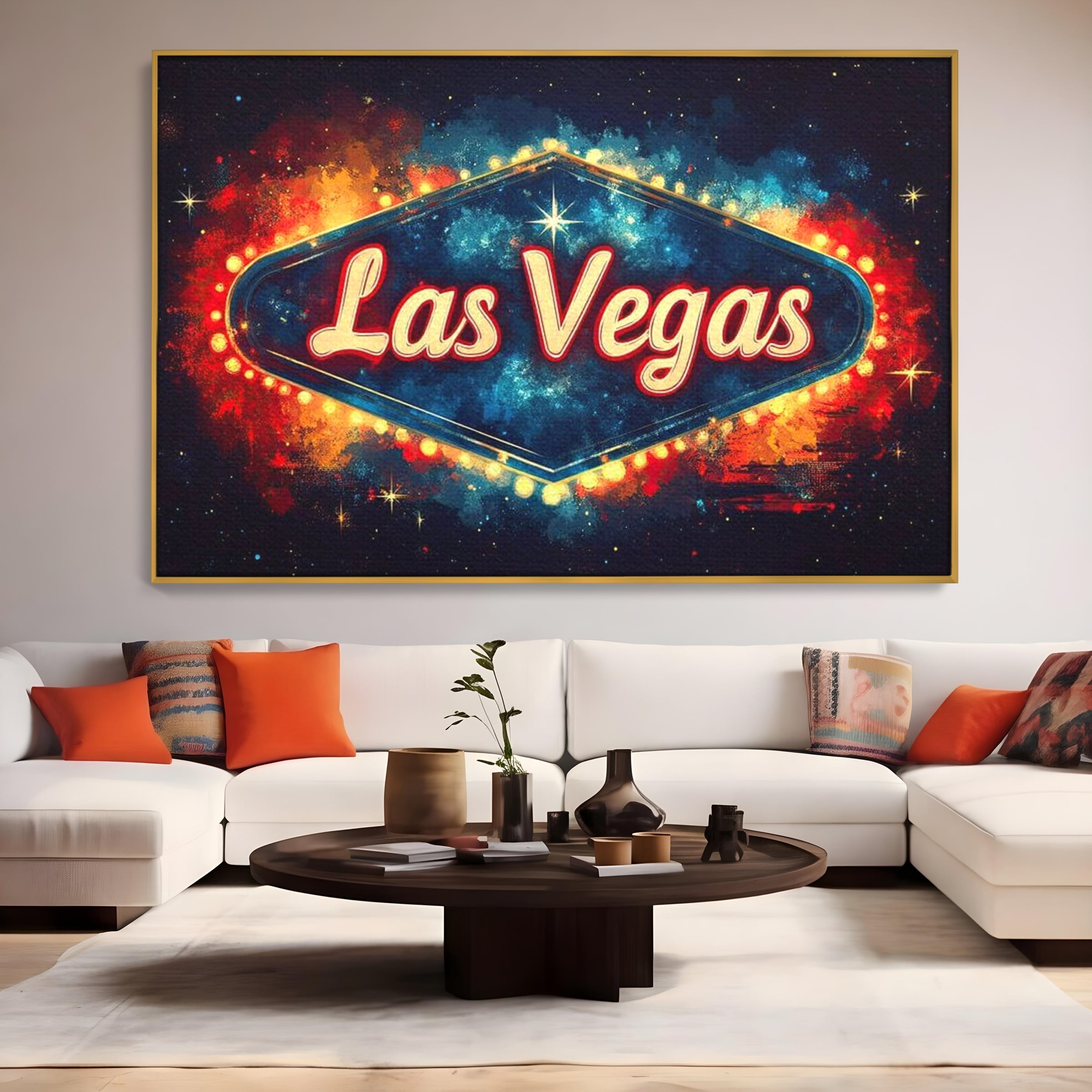Tablou canvas cu tablou canvas cu semn neon las vegas, in rama de aluminiu auriu, pe perete intr-un living