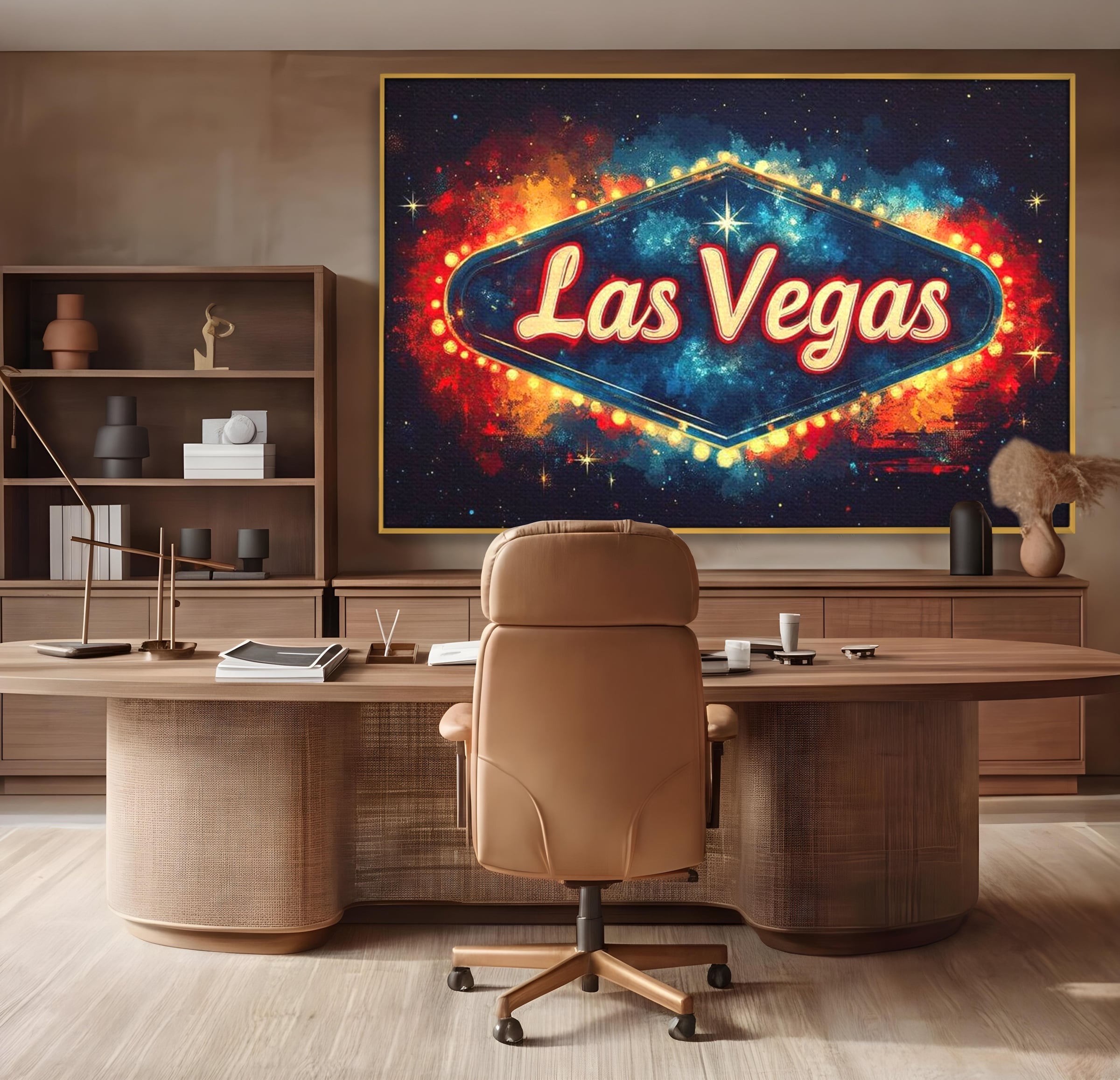 Tablou canvas cu tablou canvas cu semn neon las vegas, in rama de aluminiu auriu, pe perete intr-un birou