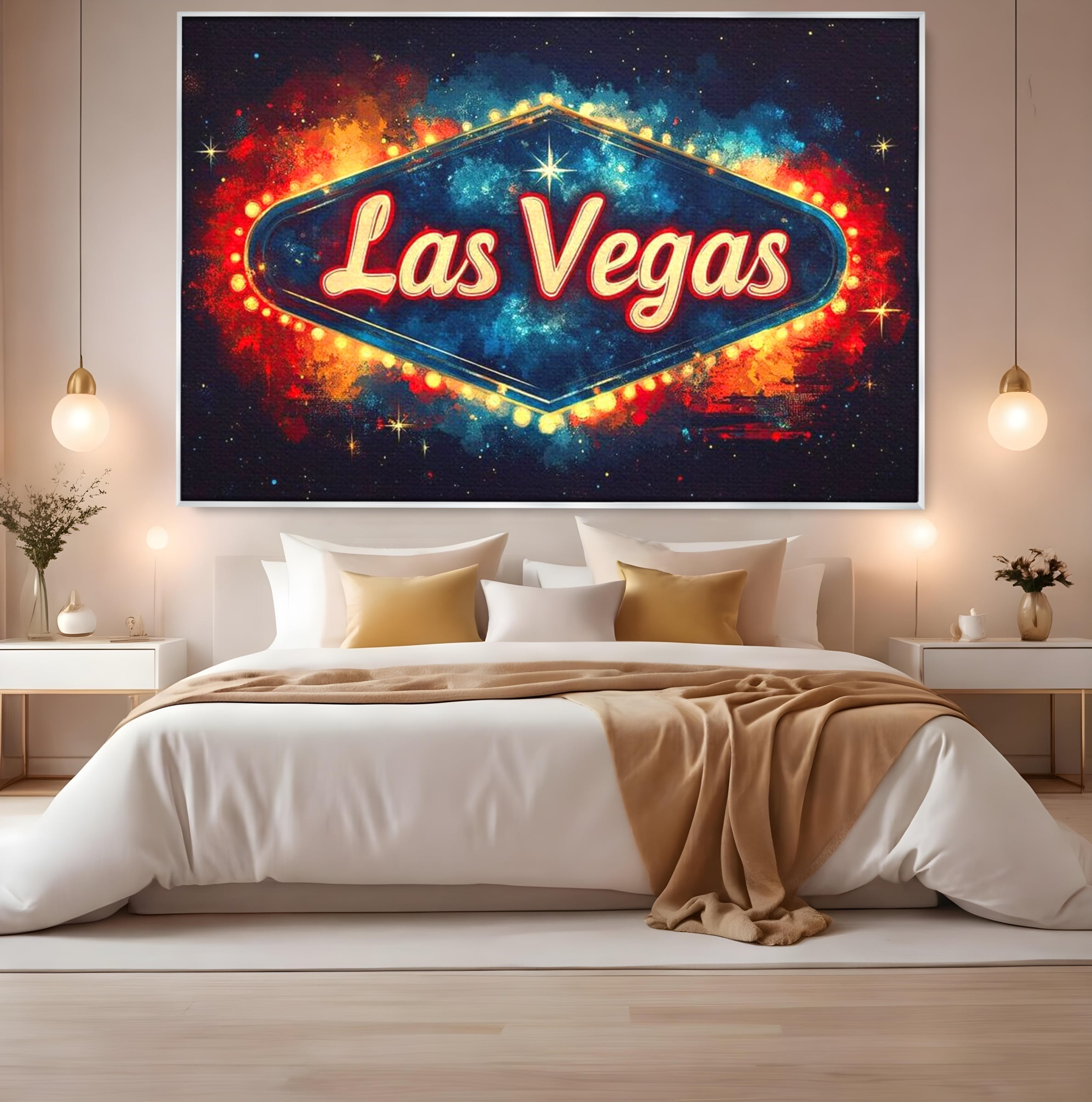 Tablou canvas cu tablou canvas cu semn neon las vegas, in rama de aluminiu argintiu, pe perete intr-un dormitor