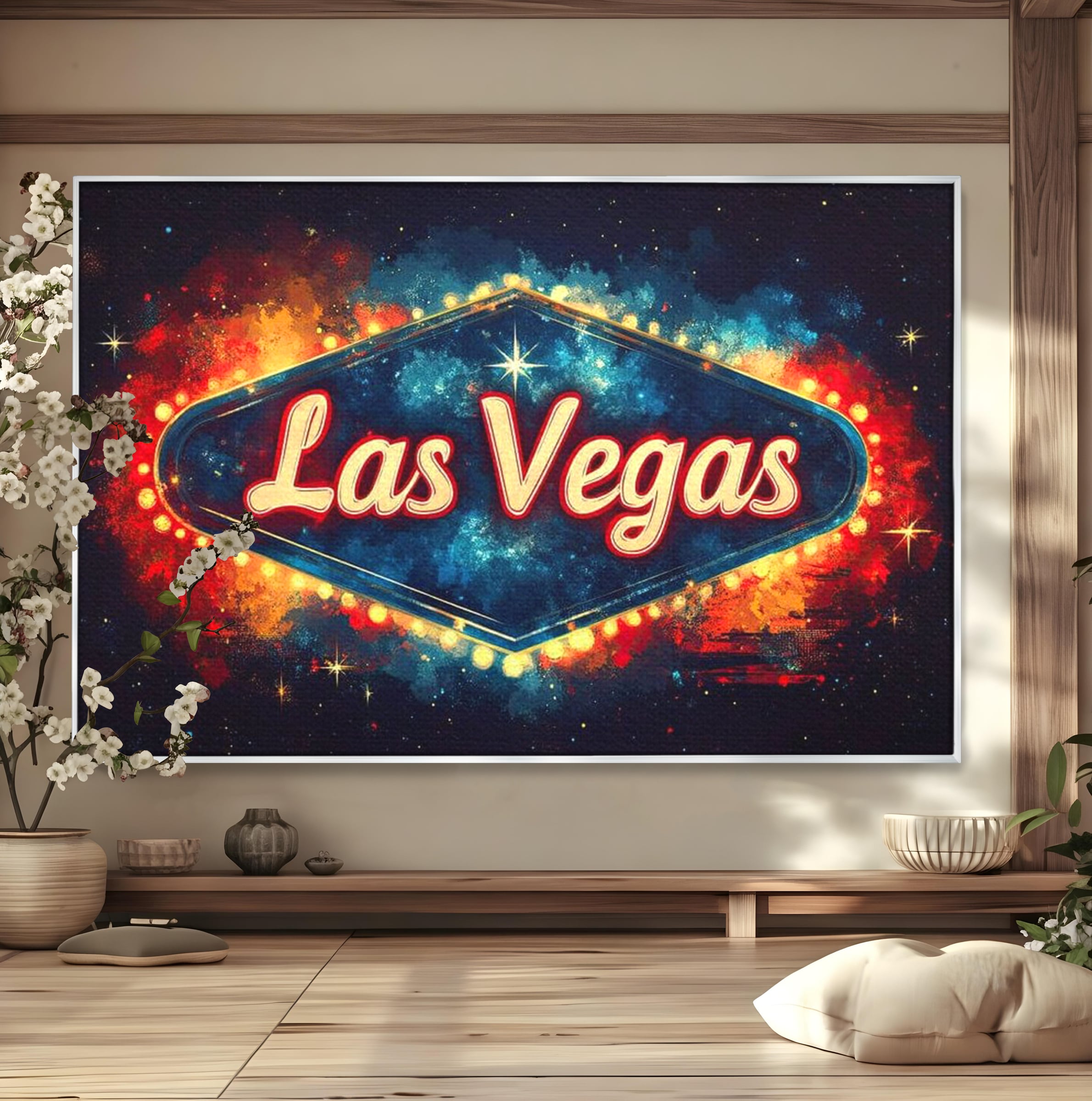 Tablou canvas cu tablou canvas cu semn neon las vegas, in rama de aluminiu argintiu