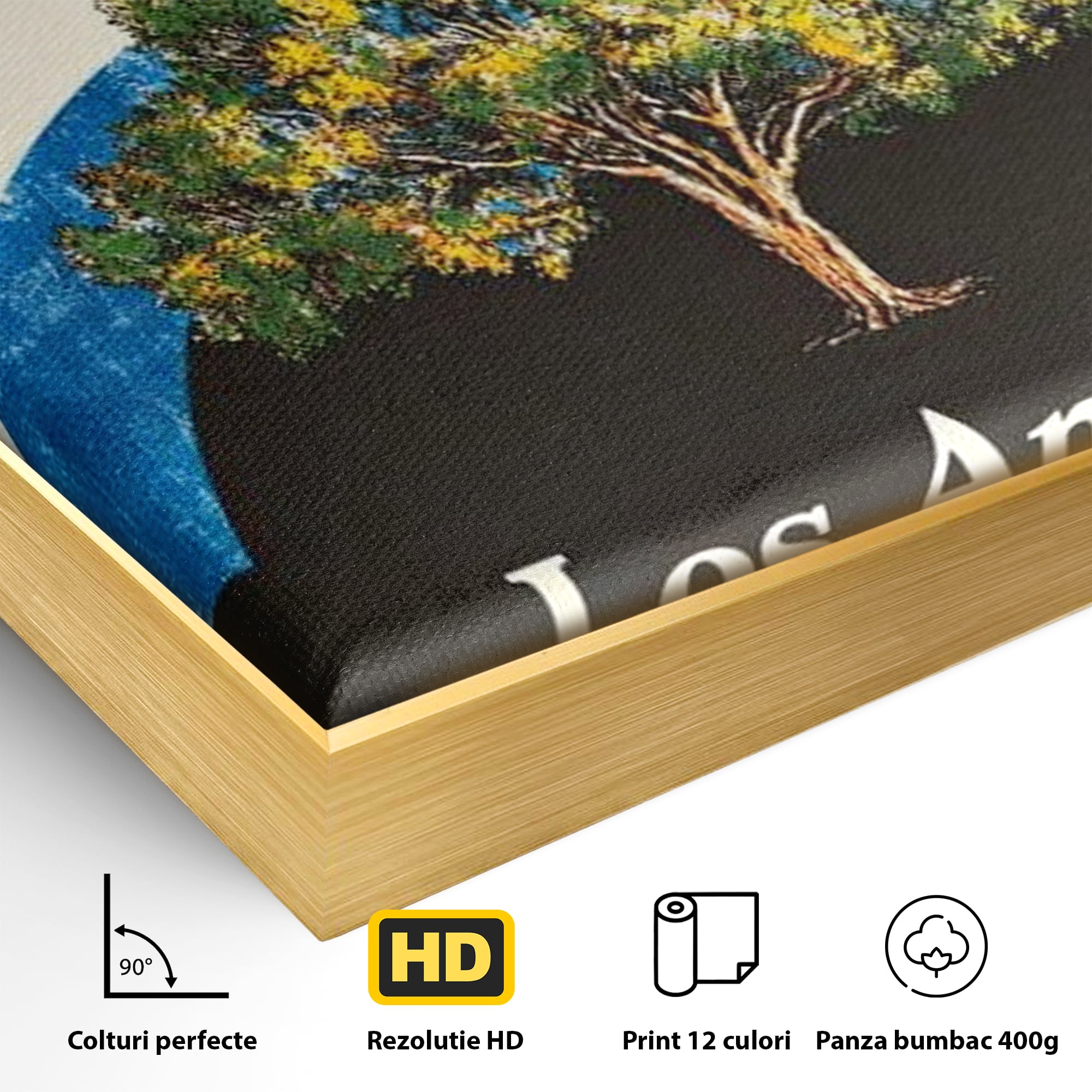 Detaliu al suprafetei: tablou canvas cu curcubeu si copac, in rama de aluminiu auriu