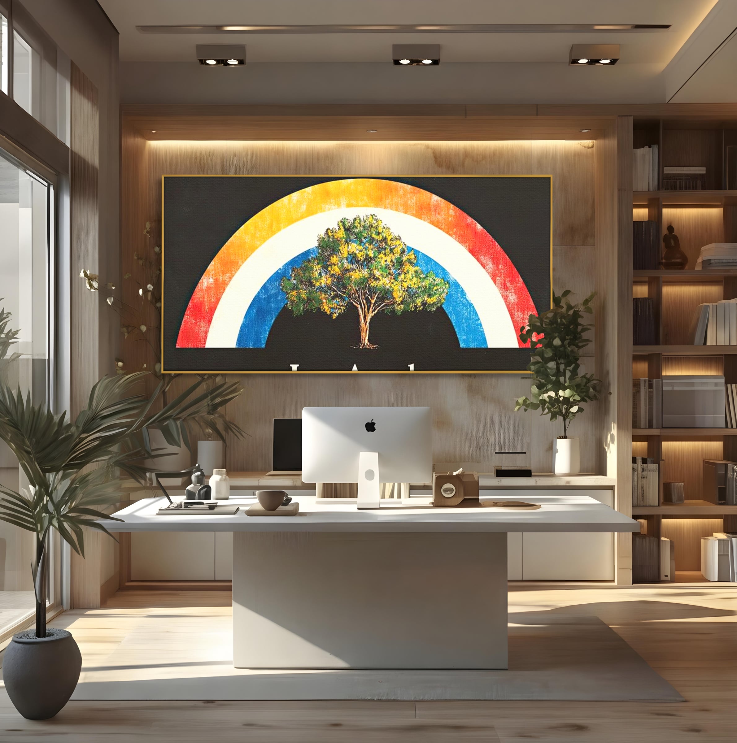 Tablou canvas cu tablou canvas cu curcubeu si copac, in rama de aluminiu auriu, pe perete intr-un birou