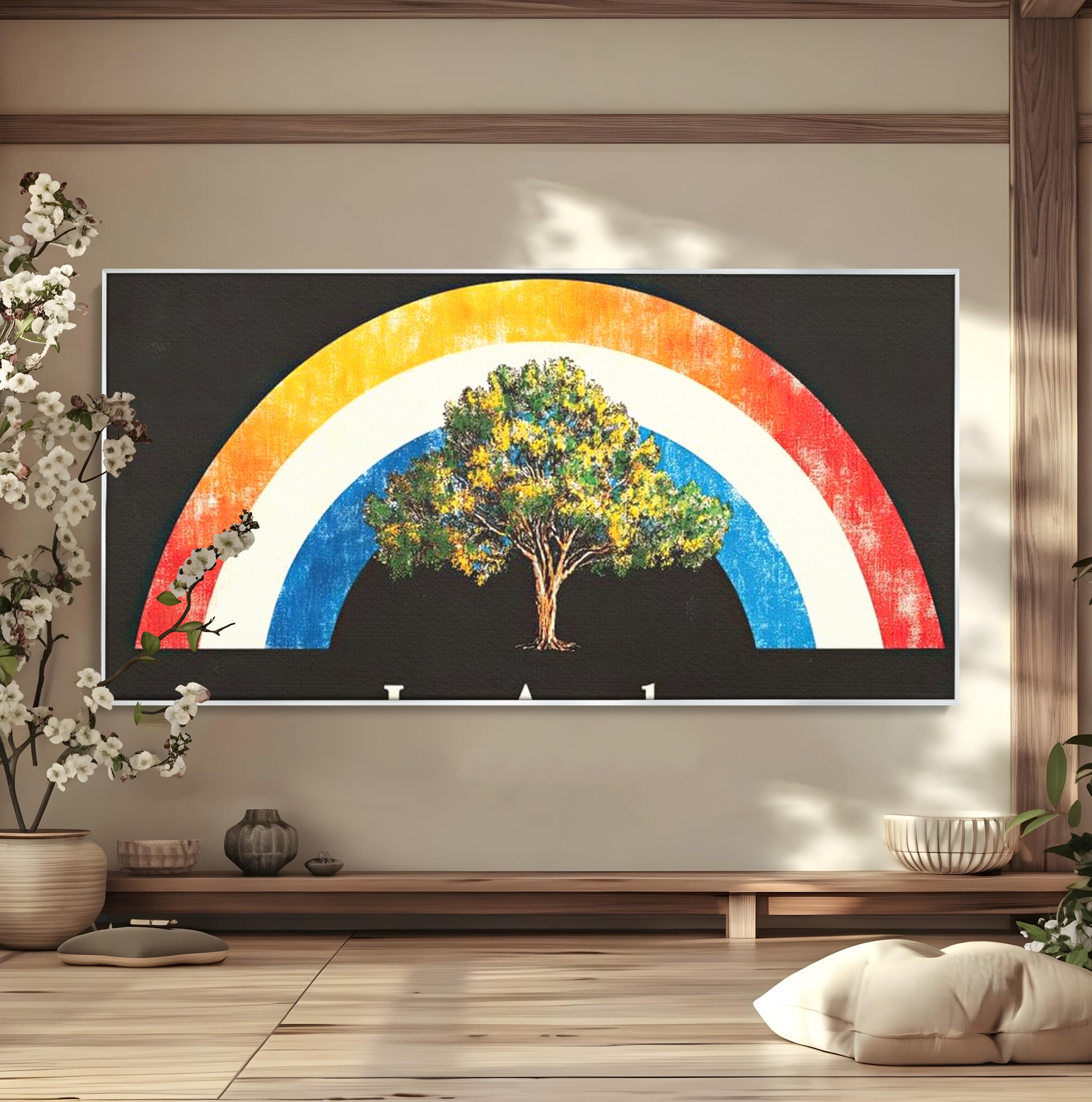 Tablou canvas cu tablou canvas cu curcubeu si copac, in rama de aluminiu argintiu