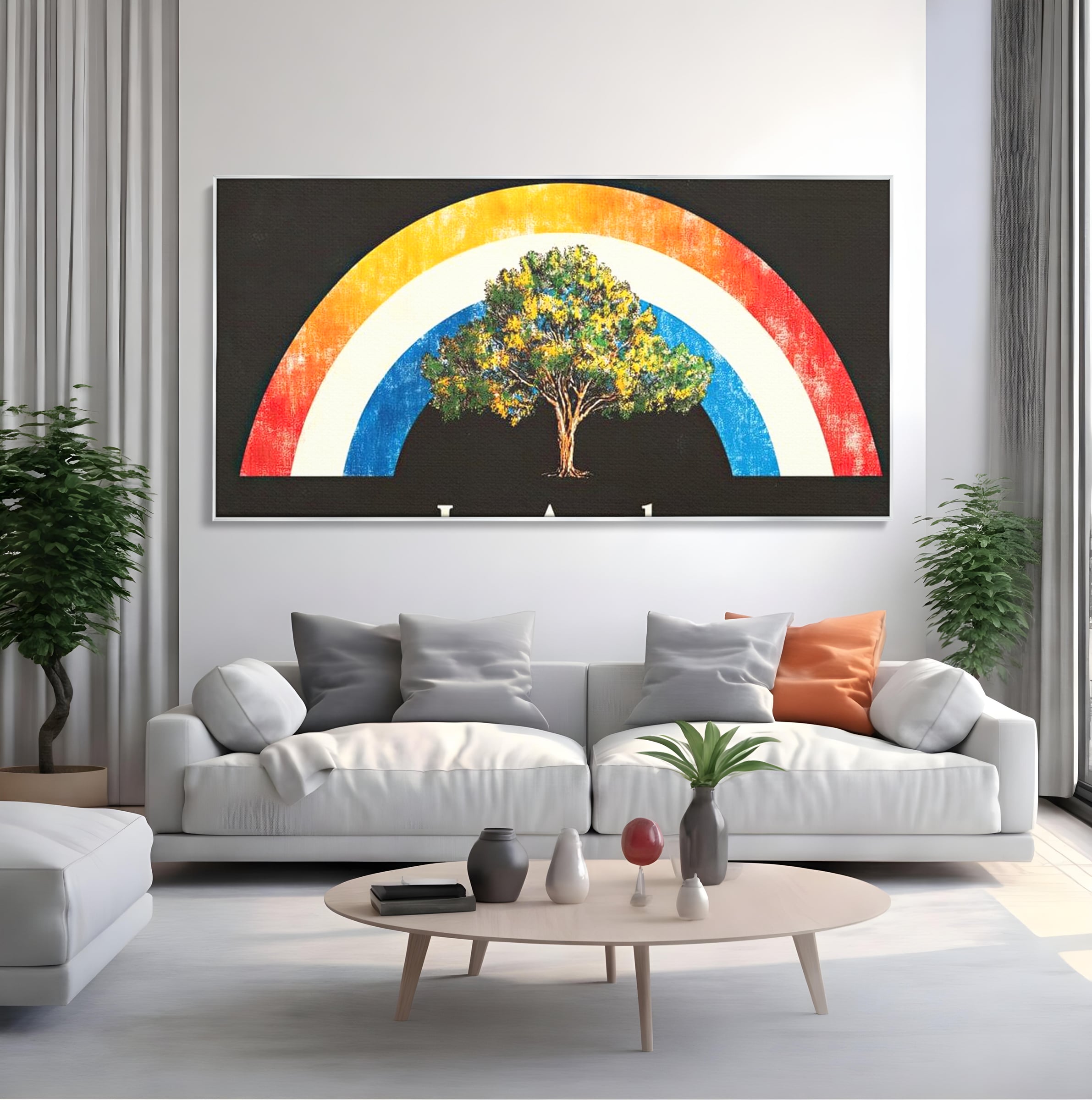 Tablou canvas cu tablou canvas cu curcubeu si copac, in rama de aluminiu argintiu, pe perete intr-un living