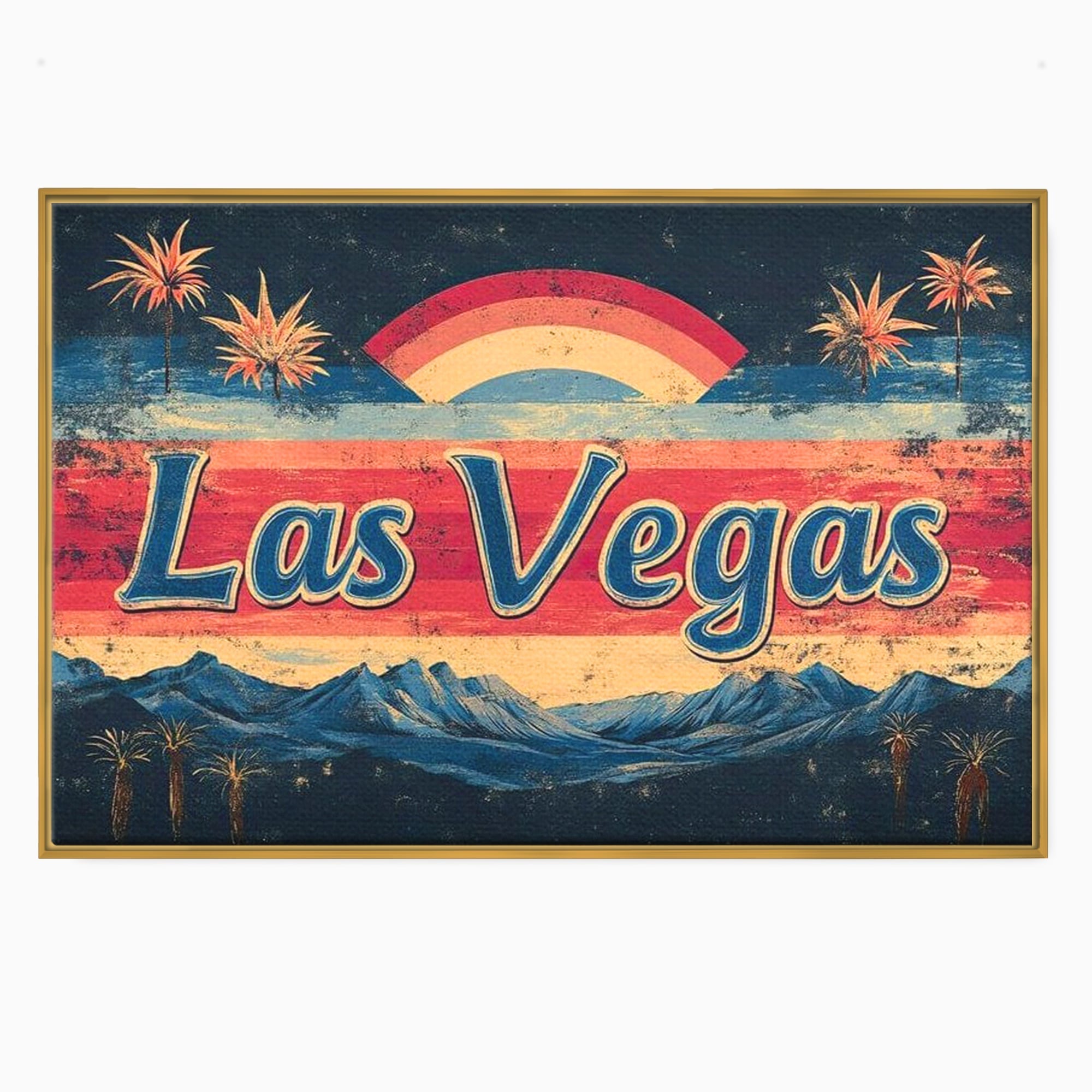Tablou canvas cu ilustratie retro las vegas cu curcubeu si munti, in rama de aluminiu auriu