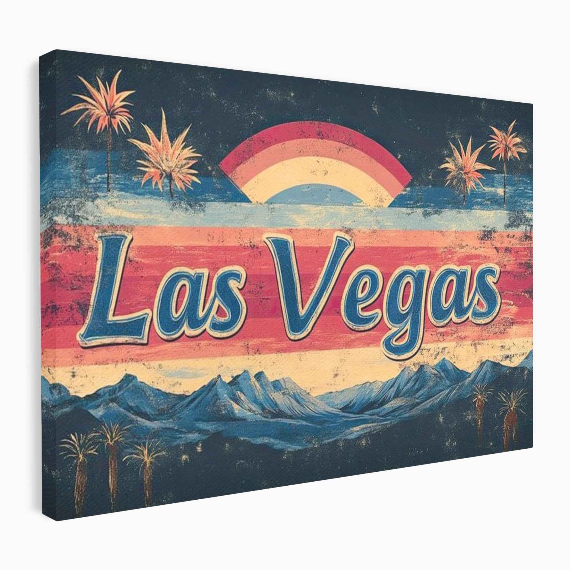 Tablou canvas cu ilustratie retro las vegas cu curcubeu si munti, fara rama, pe sasiu de lemn