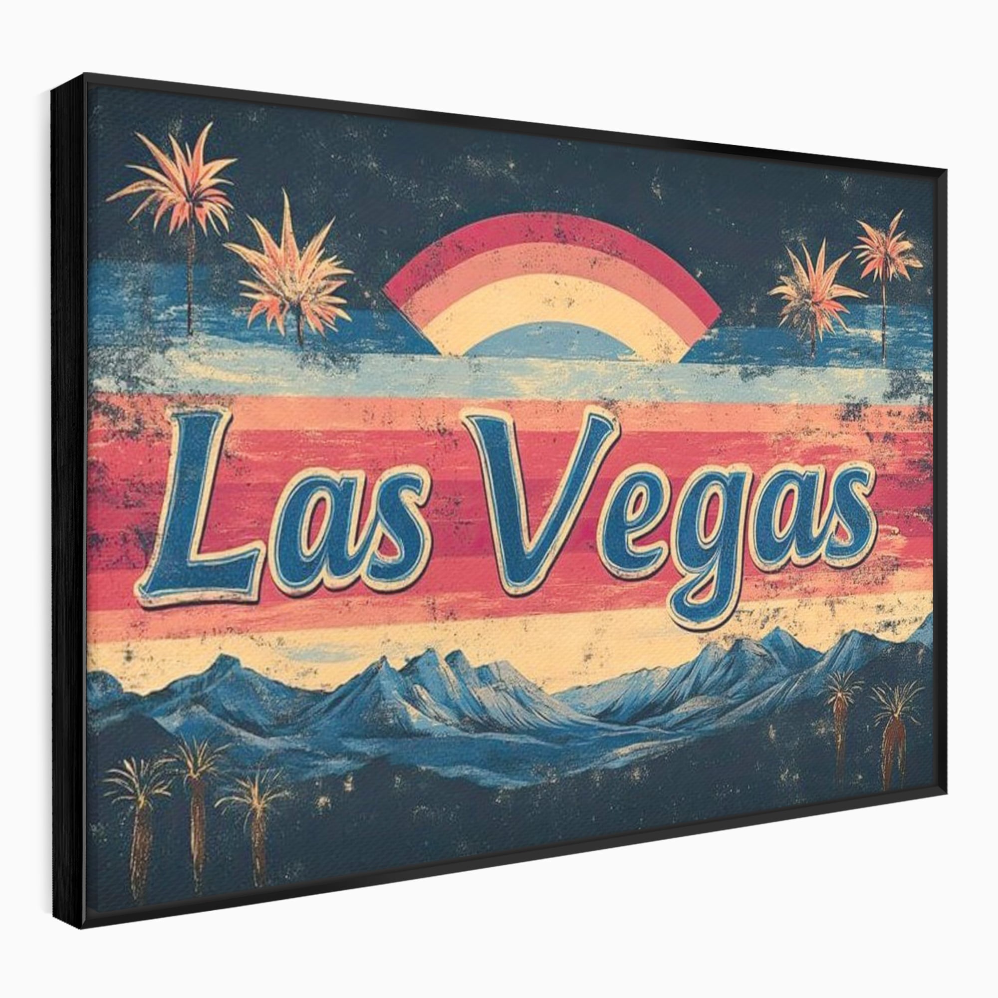 Tablou canvas cu ilustratie retro las vegas cu curcubeu si munti, in rama de aluminiu negru