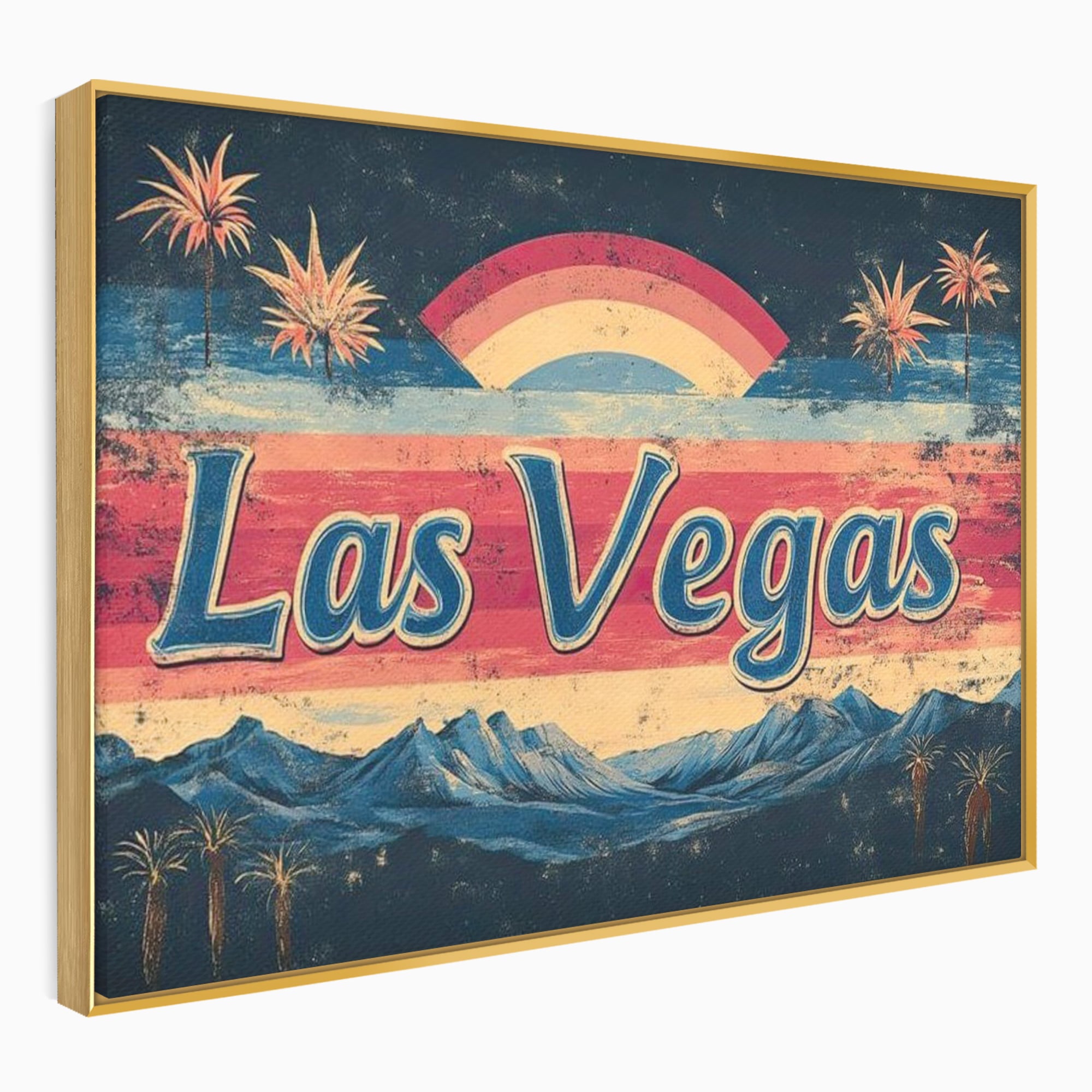 Tablou canvas cu ilustratie retro las vegas cu curcubeu si munti, in rama de aluminiu auriu
