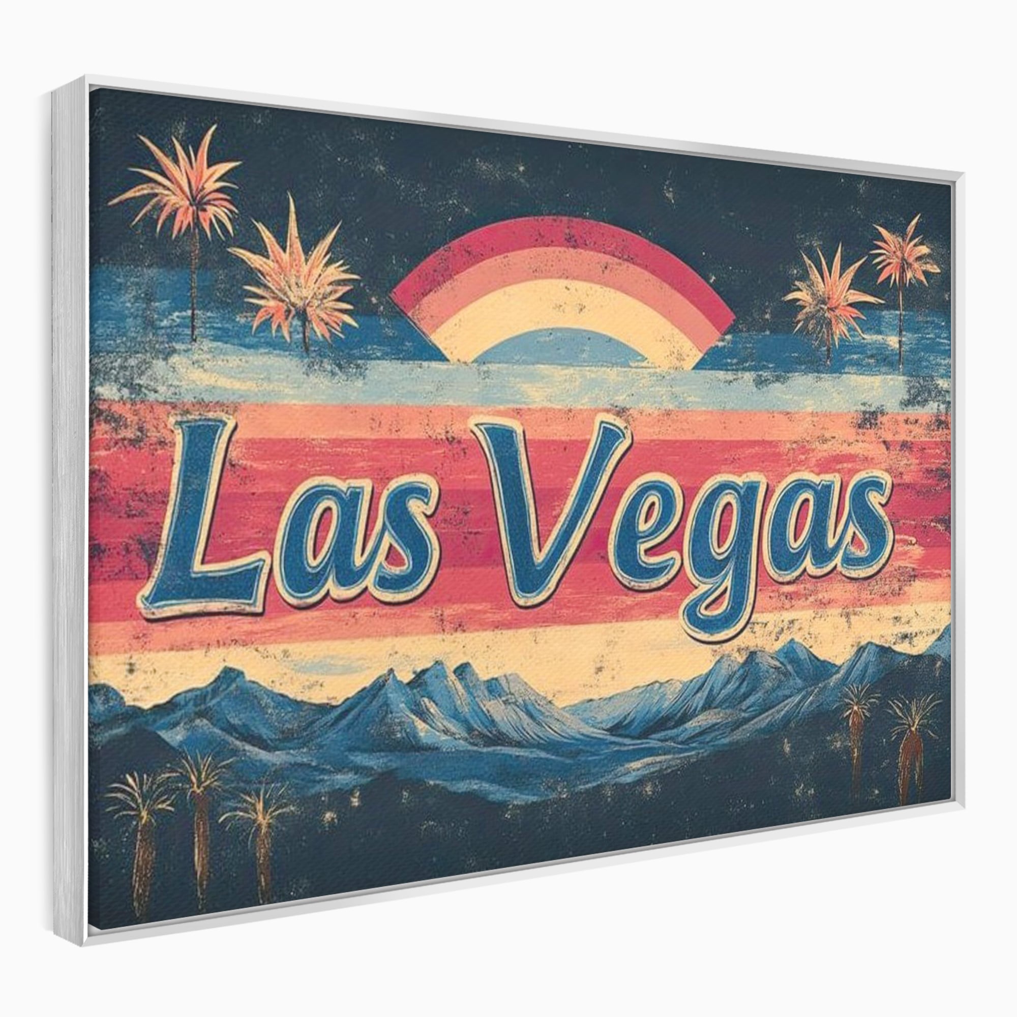 Tablou canvas cu ilustratie retro las vegas cu curcubeu si munti, in rama de aluminiu argintiu